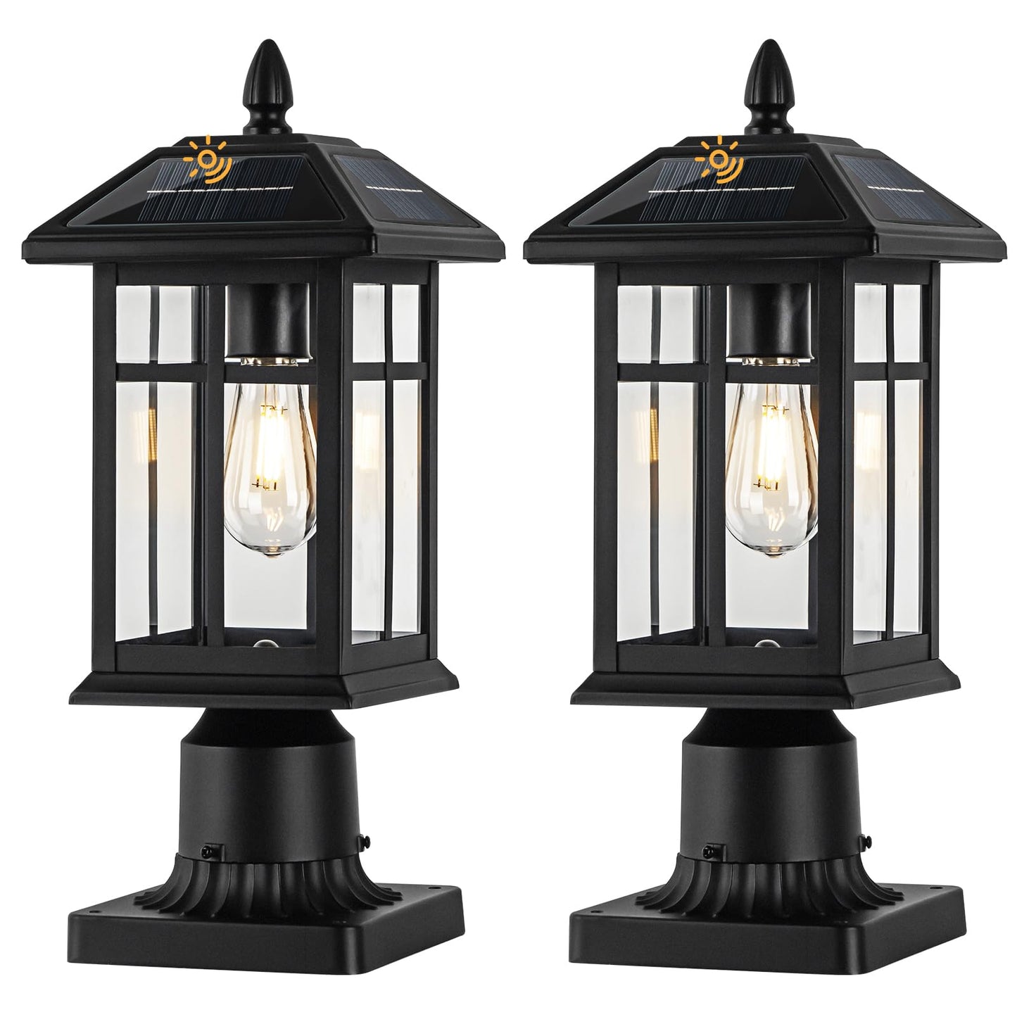 Brilvibera Solar Post Lights 2 Packs, Waterproof Post Lantern with Pier Mount Base, Aluminum Post Lamp Warm White Bulb Included for Yard Garden Pillar Pole Pathway