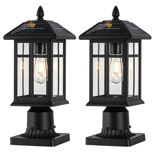 Brilvibera Solar Post Lights 2 Packs, Waterproof Post Lantern with Pier Mount Base, Aluminum Post Lamp Warm White Bulb Included for Yard Garden Pillar Pole Pathway