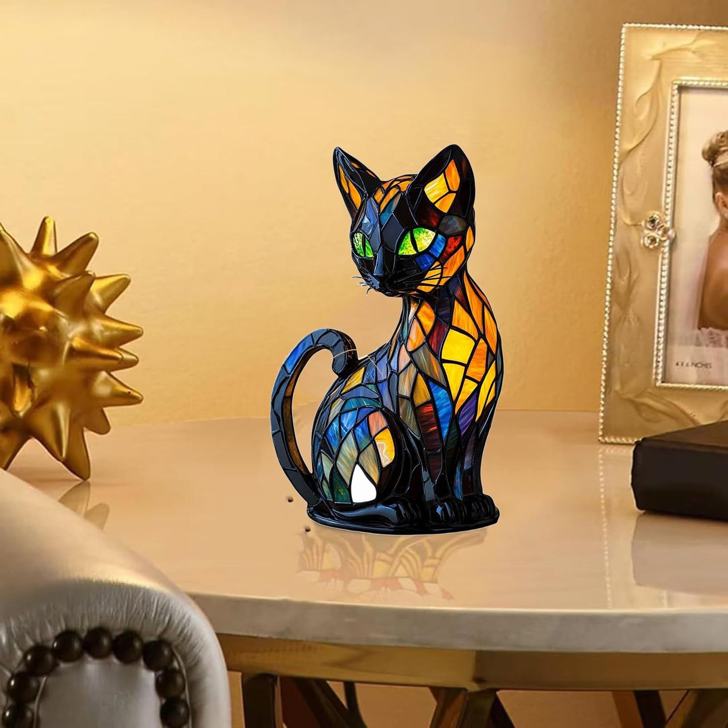 hopanrel New Series Art Desk Lamp, Lamps for Night Stands, Stained Resin Cat Tabletop Light, Cute Pet Cats Themed Led Table Lamps, Creative Animals Table Lamp, Fun Gift for Cat Lovers (A)