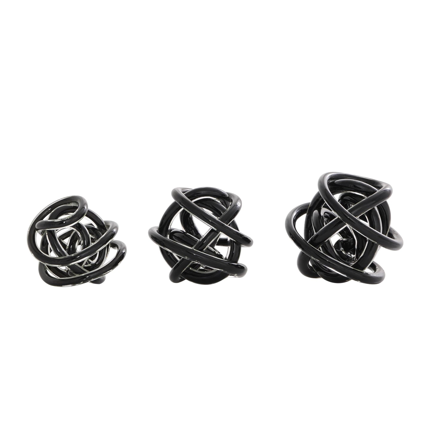 Deco 79 Glass Knot Decorative Sculpture Knotted Ball Home Decor Statues, Set of 3 Accent Figurines 5", 4", 4"W, Black