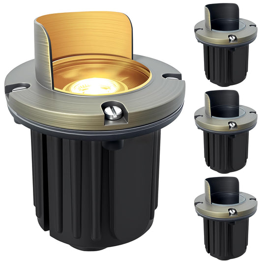 Gardencoin Brass Well Lights Outdoor 4-Pack, 12V Shielded LED Low Voltage In-Ground Landscape Lighting for Yard, Waterproof Bronze Up Light Fixture for Tree, Fence, Wall (Bulbs Not Included)