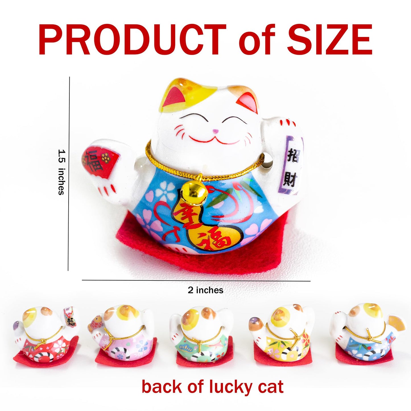 HANTHES Lucky Cat Figurines Set of 5 Mini Maneki Neko Small Cat Figurines 2 Inch Ceramic Beckoning Cat Statues Japanese Fortune Cat Decor for Home Desk Shelf Collection Gift with PVC Box