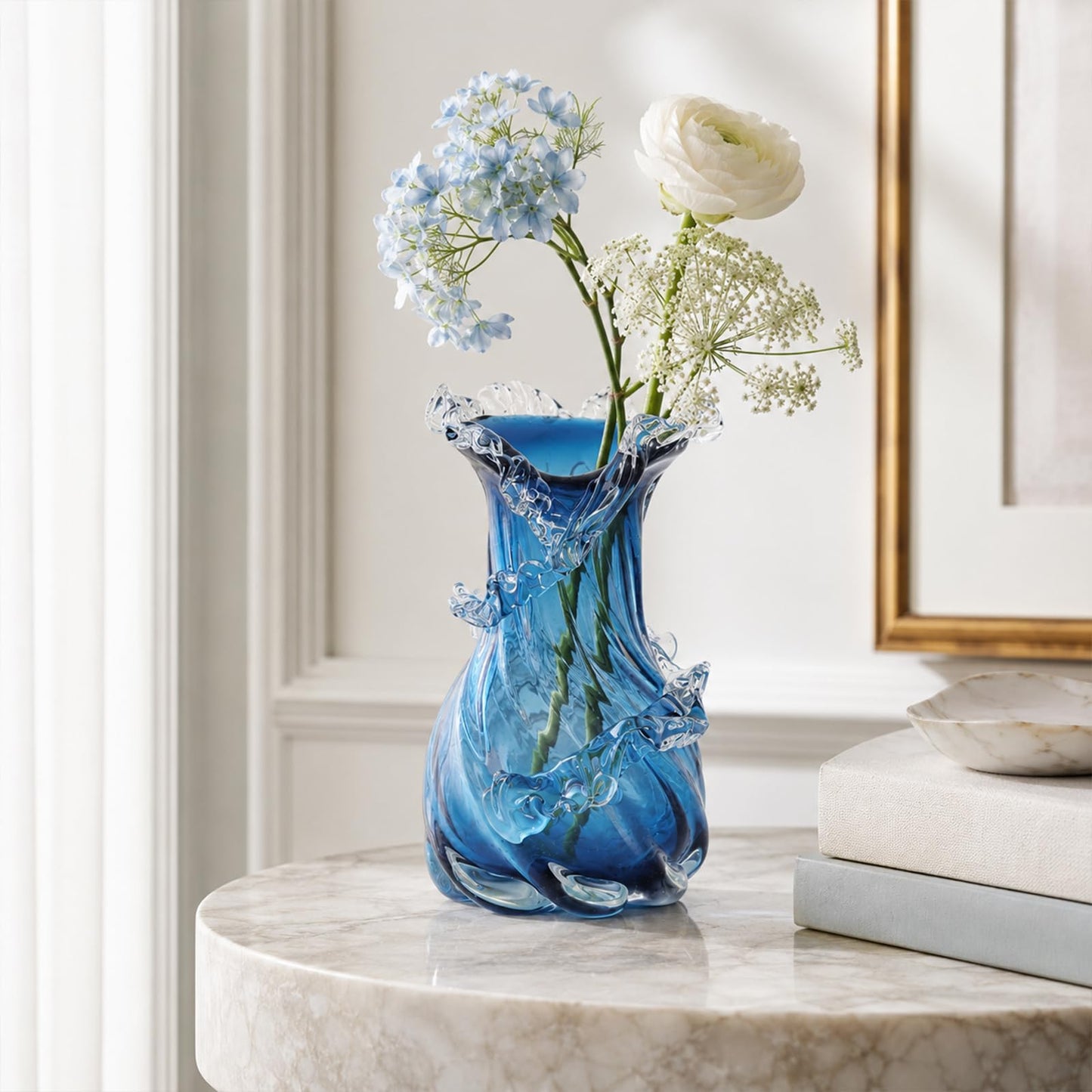 Hand Blown Blue Glass Vase, Wavy Wide Mouth Coastal Flower Vase