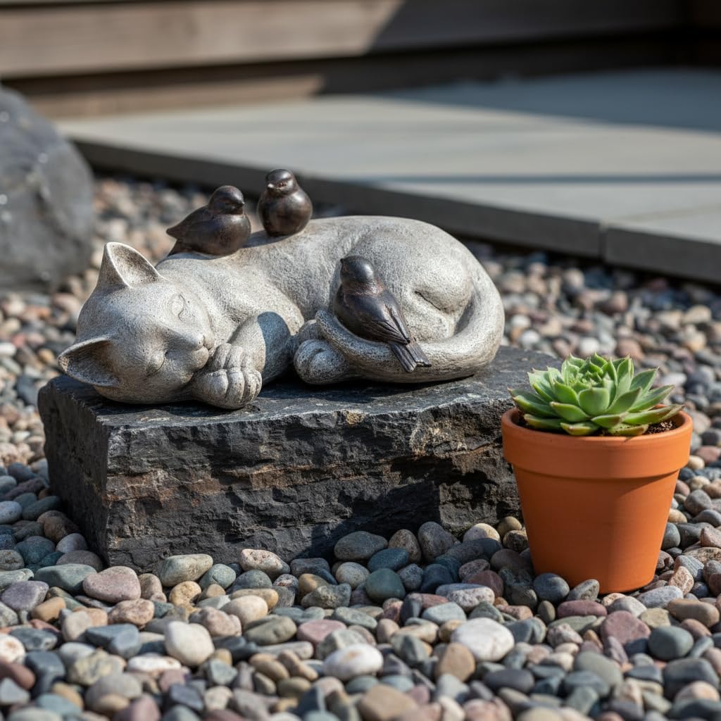 Comfy Hour 4.7" Sleeping Cat with Sparrows Garden Statue, Stone Look Cat Memorial Accent for Outdoor Indoor, Unique Cat Lover Present for Women, Sympathy Pet Remembrance Figurine, 1 Unit