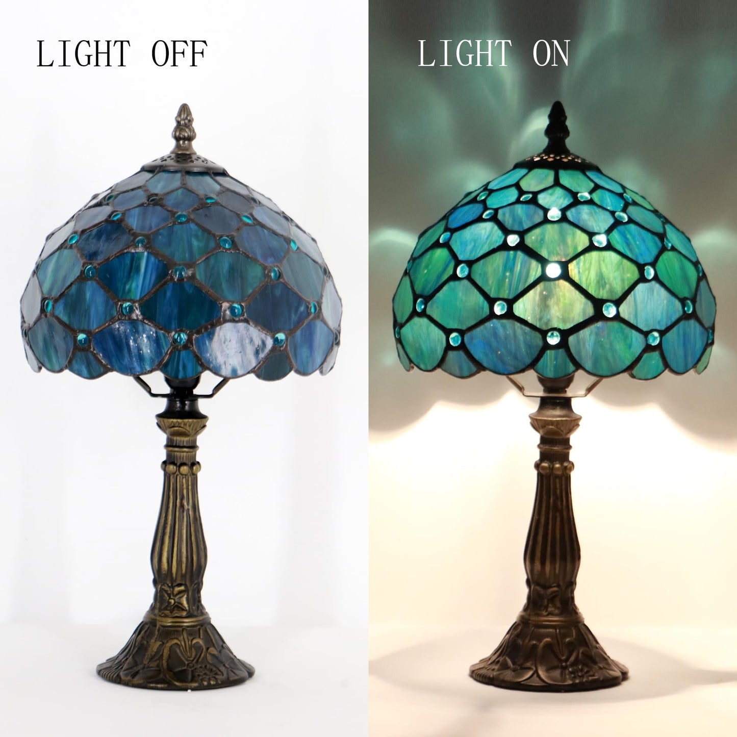LXHCYOU Small Tiffany Lamp Mini Accent Table Lamp Stained Glass Desk Memory Lamp Sympathy 8X14.5 Inch (Sea Blue Pearl Style)