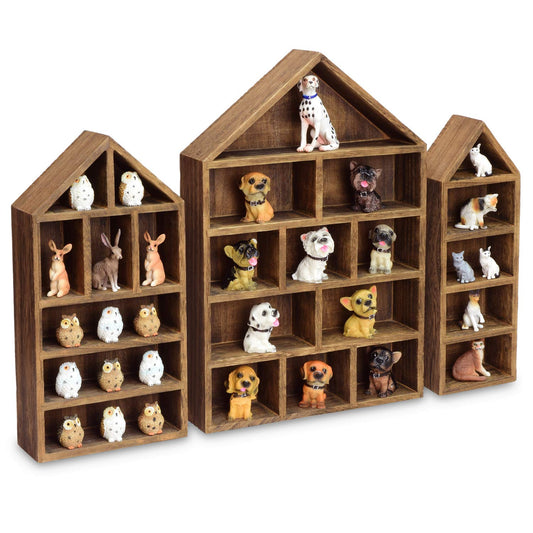 Ikee Design House-Shaped Wooden Shadow Cubby Box Display Shelf Organizer Storage Shadow Box for Mini Figures, Set of 3, Brown Color, 10 W x 2 1/4 D x 15 H in