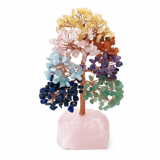 Fatonio 7 Chakra Tree of Life Tree with Raw Rose Quartz Base