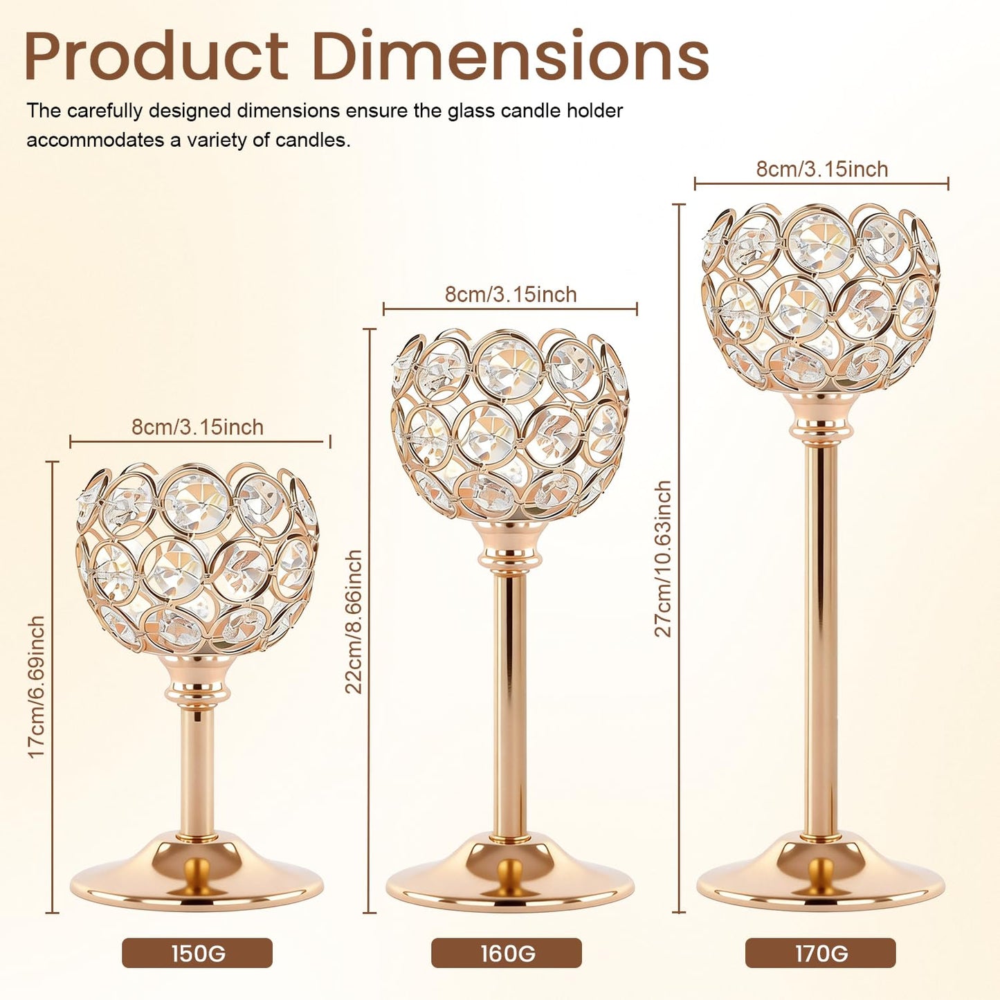 Oakernel Gold Crystal Candle Holders Candlestick Holders - 2 Sets Tall Bling Bowl Candelabra Centerpieces for Dining Table, Wedding, Party & Fireplace Mantel Decor,6Pcs