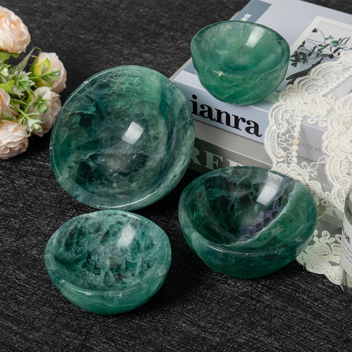 MOGEMT Large Green Fluorite Crystal Bowl Hand-Carved Round Fluorite Crystals Gemstone Bowl Reiki Healing Home Decoration Gift 4-4.5"