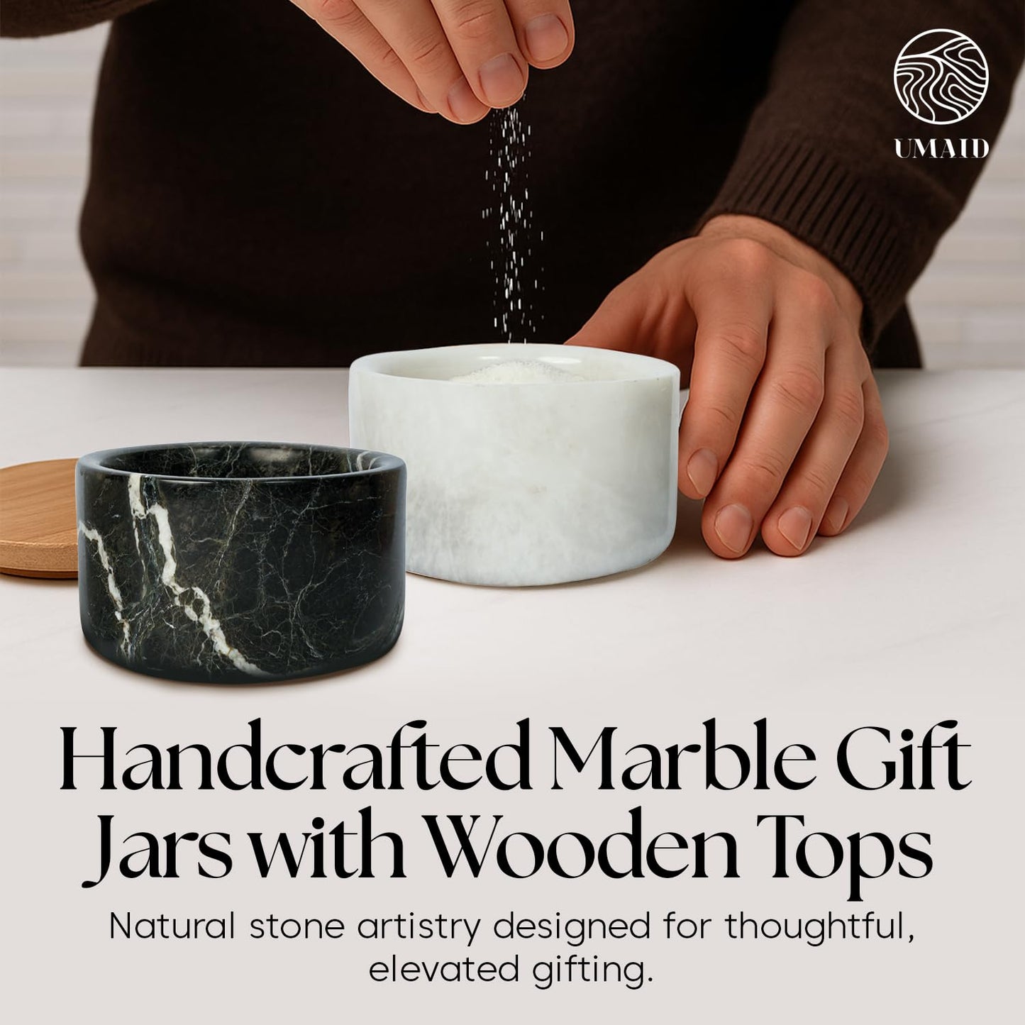 UMAID Marble Salt and Pepper Bowls | Set of 2 Solid Bianco White & Graphite Grey Marble Cellars with Lids and Spoons | Handcrafted Salt & Pepper Containers for Kitchen Countertop