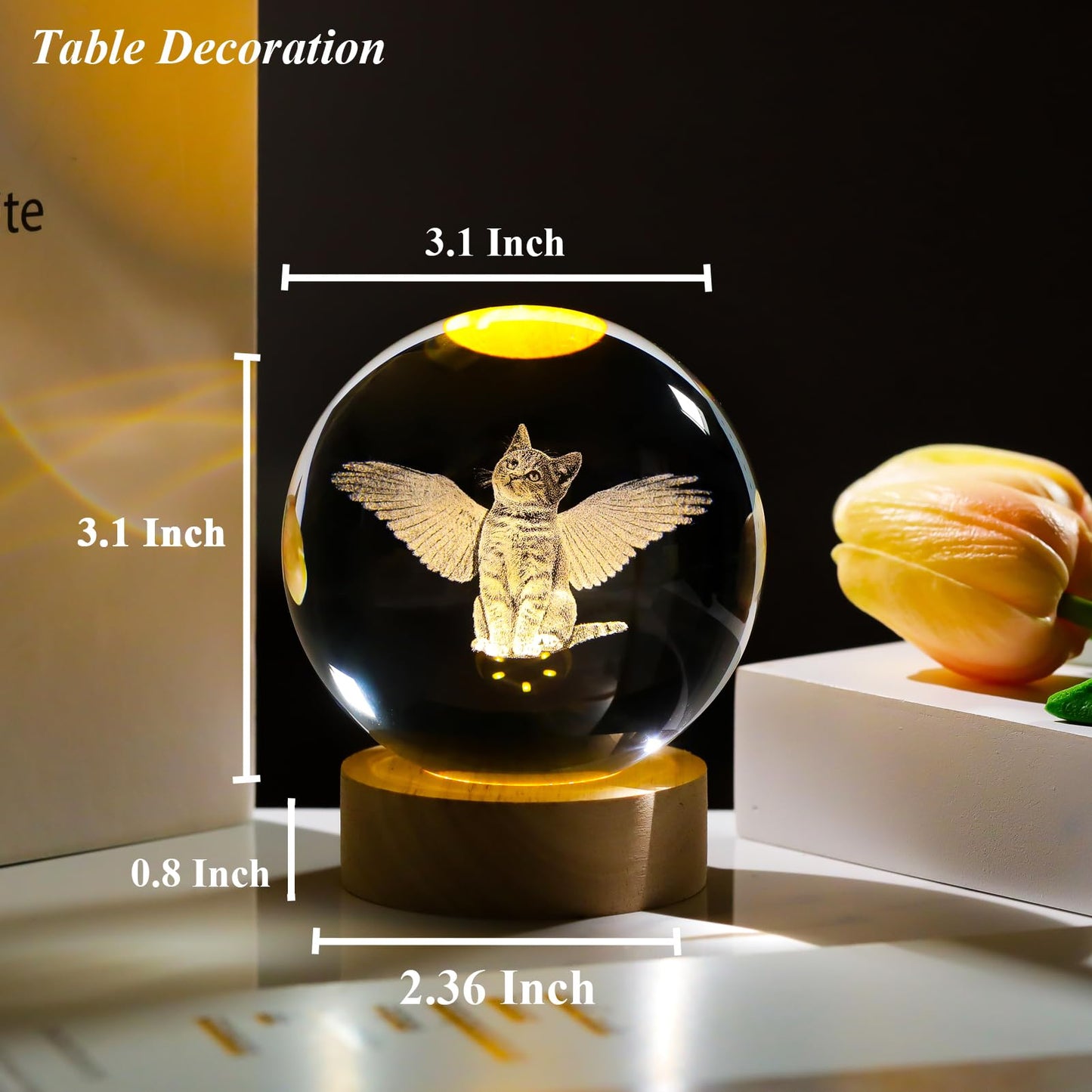 Arikyrist 3D Angel Cat Crystal Ball Figurines Gifts with LED Base for Women Her Mom on Birthday Cat Collectibles Home Decor Unique Lamp for Bedroom