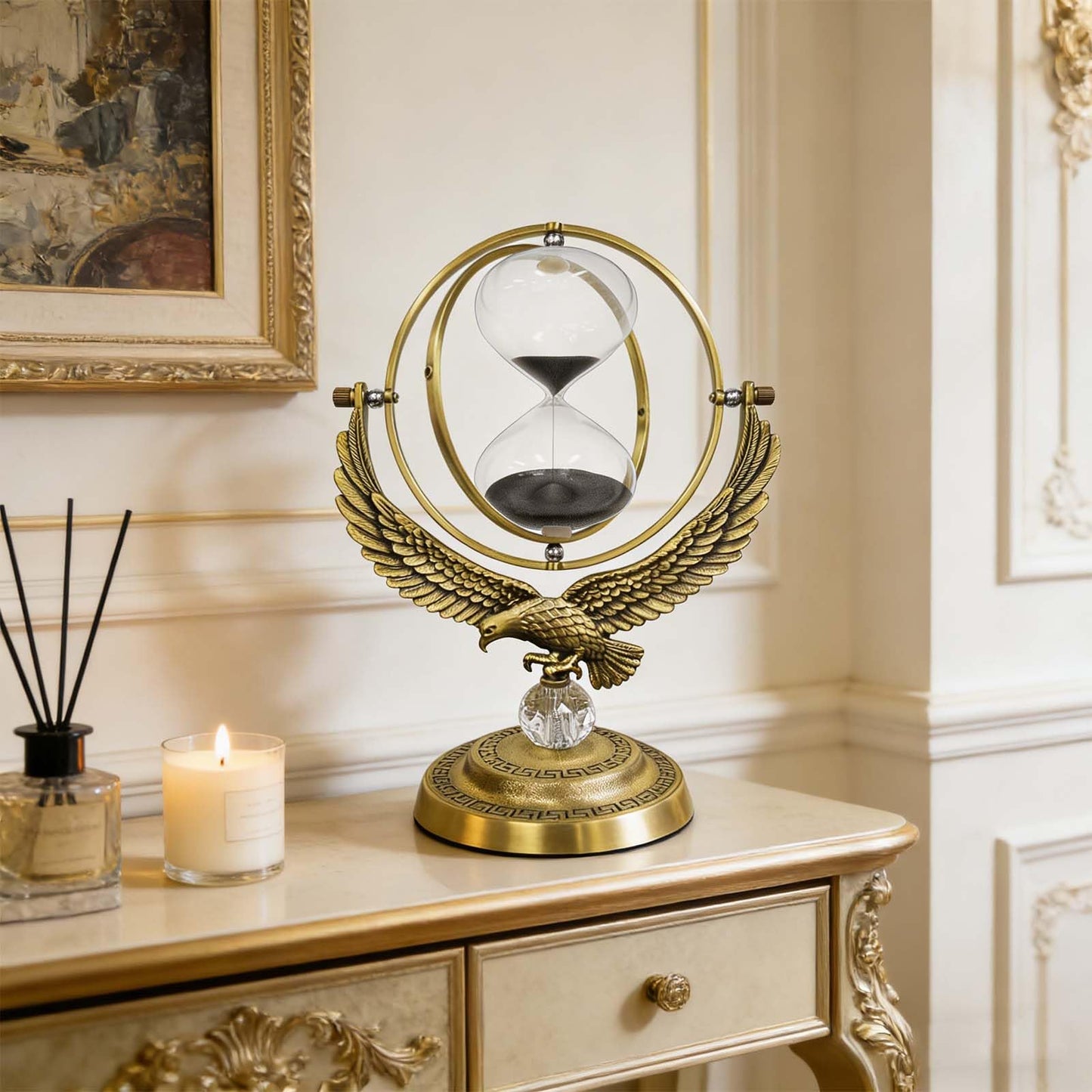 SuLiao Sand Timer Hourglass, 1 Hour Rotating Eagle Hour Glass, 60 Min Large Black Sand Clock, 60 Minute Unique Brass Sandglass, 1 hr Metal Decorative Reloj De Arena, Home, Desk, Office