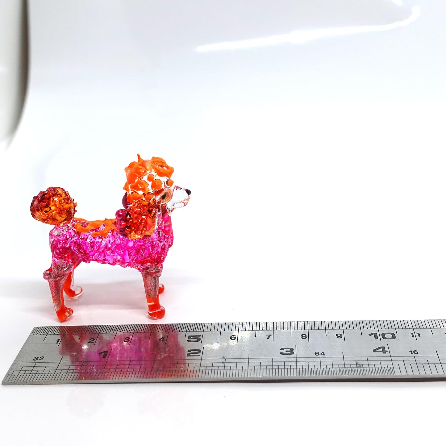Sansukjai Poodle Glass Handmade Figurine - Painted Blown Glass Dog Sculpture with Layered Eyes - Miniature Collectible Pet Decor Gift for Dog Lovers (Pink Orange)