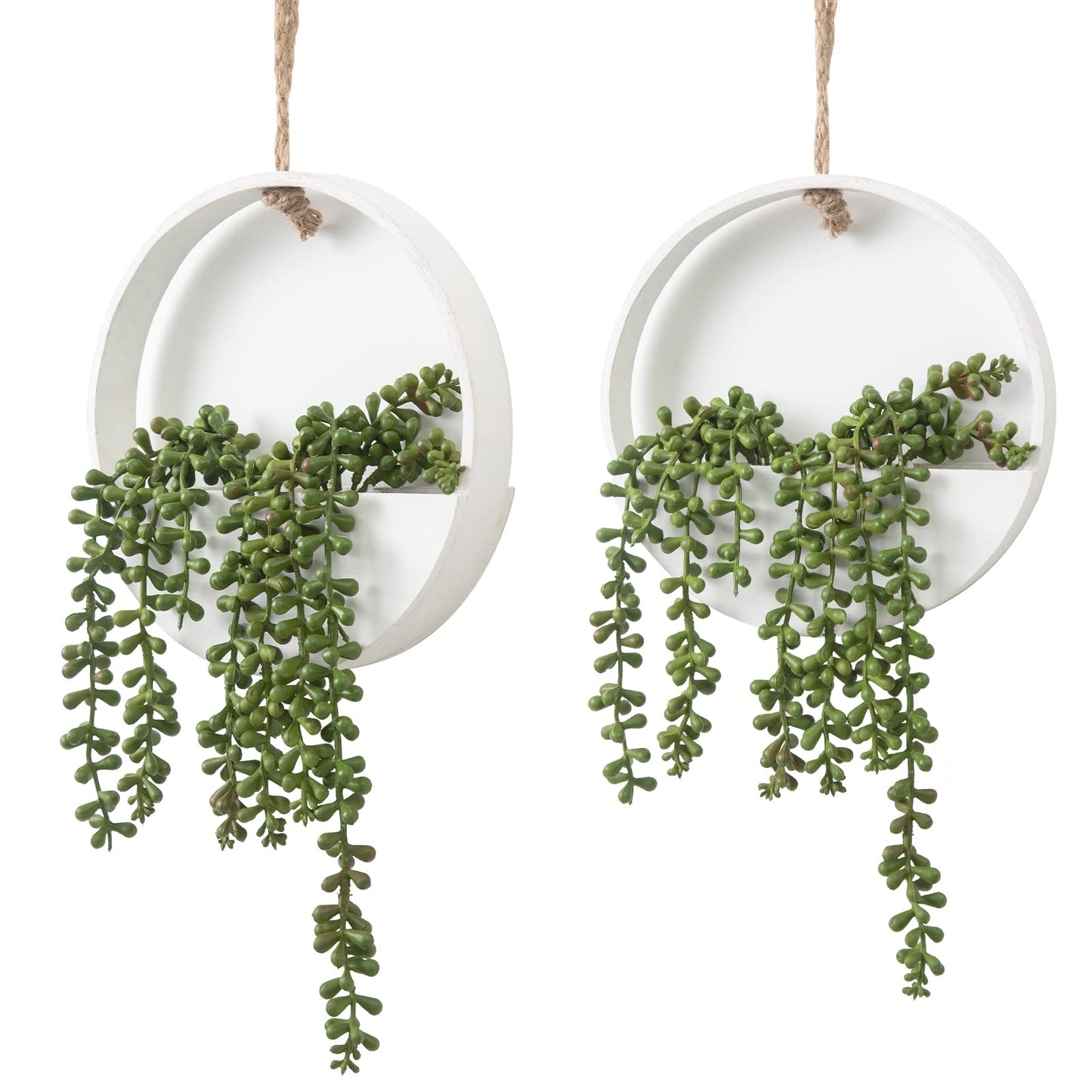 CEWOR 2pcs Artificial Hanging Succulent Plants, Fake String of Pearls in Pot with Lanyard Boho Wall Decor for Bathroom Living Room Home Indoor Outdoor Decorations, White