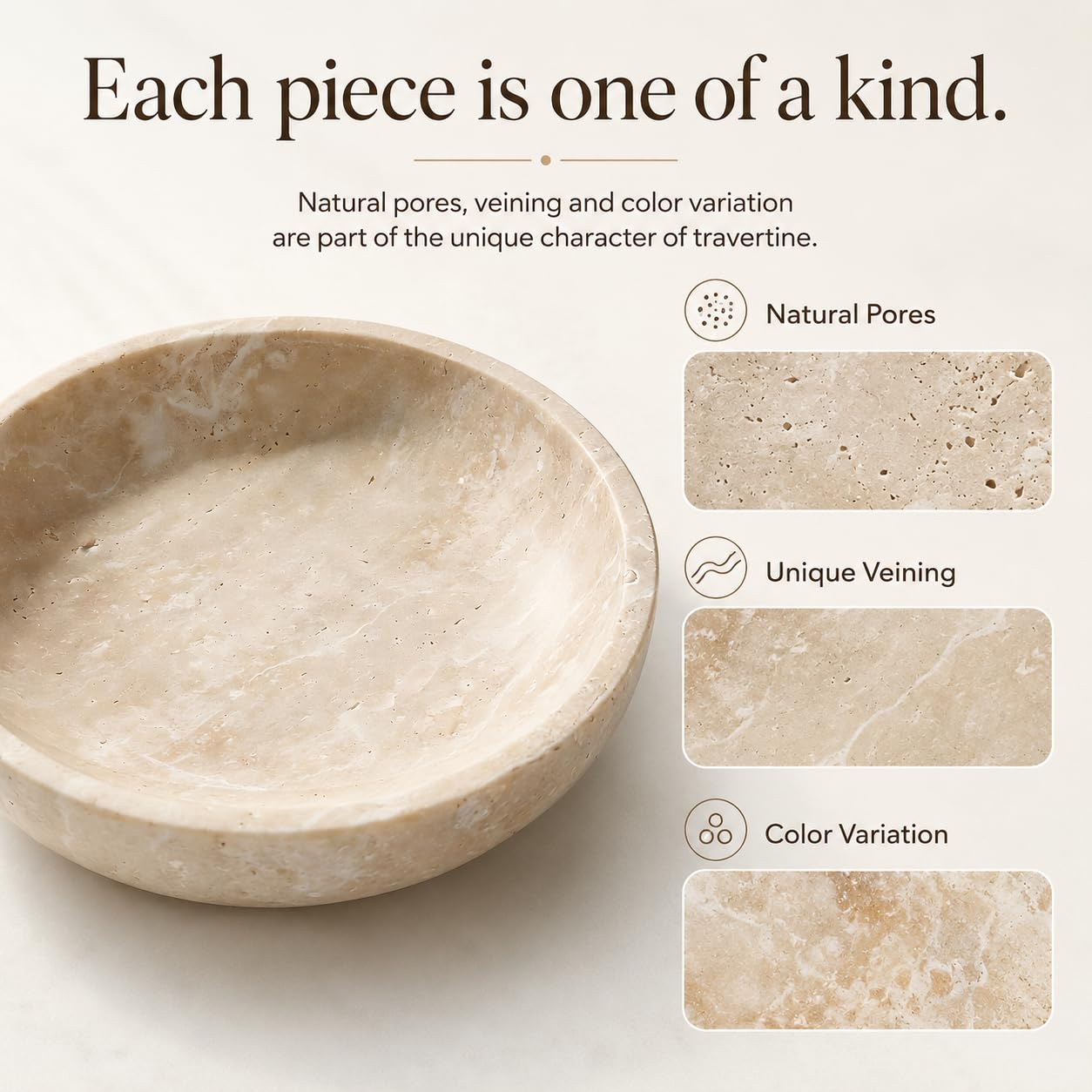 SIRIZEN-DIVING Large Travertine Decorative Bowl, 7.87-Inch Natural Stone Key Bowl and Catchall Bowl for Entryway Table, Coffee Table Centerpiece, Console Table and Living Room Decor