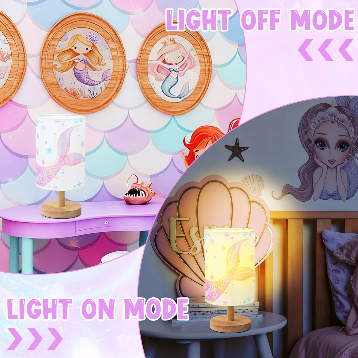 MASTRON Mermaid Table Lamp for Kids Bedroom - Mermaid Tail Pastel Kids Bedside Lamp with Linen Wooden Nightstand Nursery Lampshade for Girls Room Decor