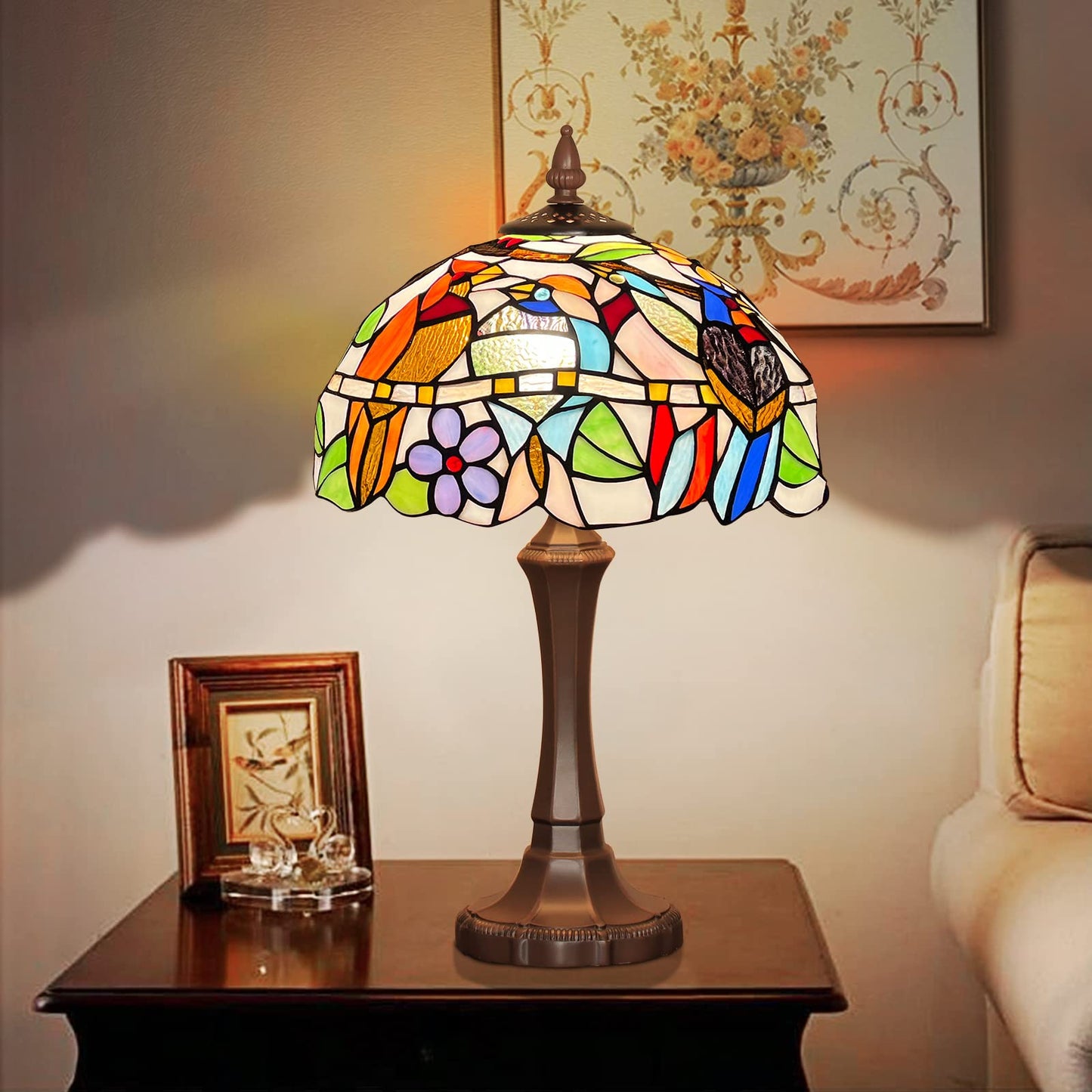 Capulina Tiffany Table Lamp Cardinal Birds Stained Glass 12x12x20 Inches