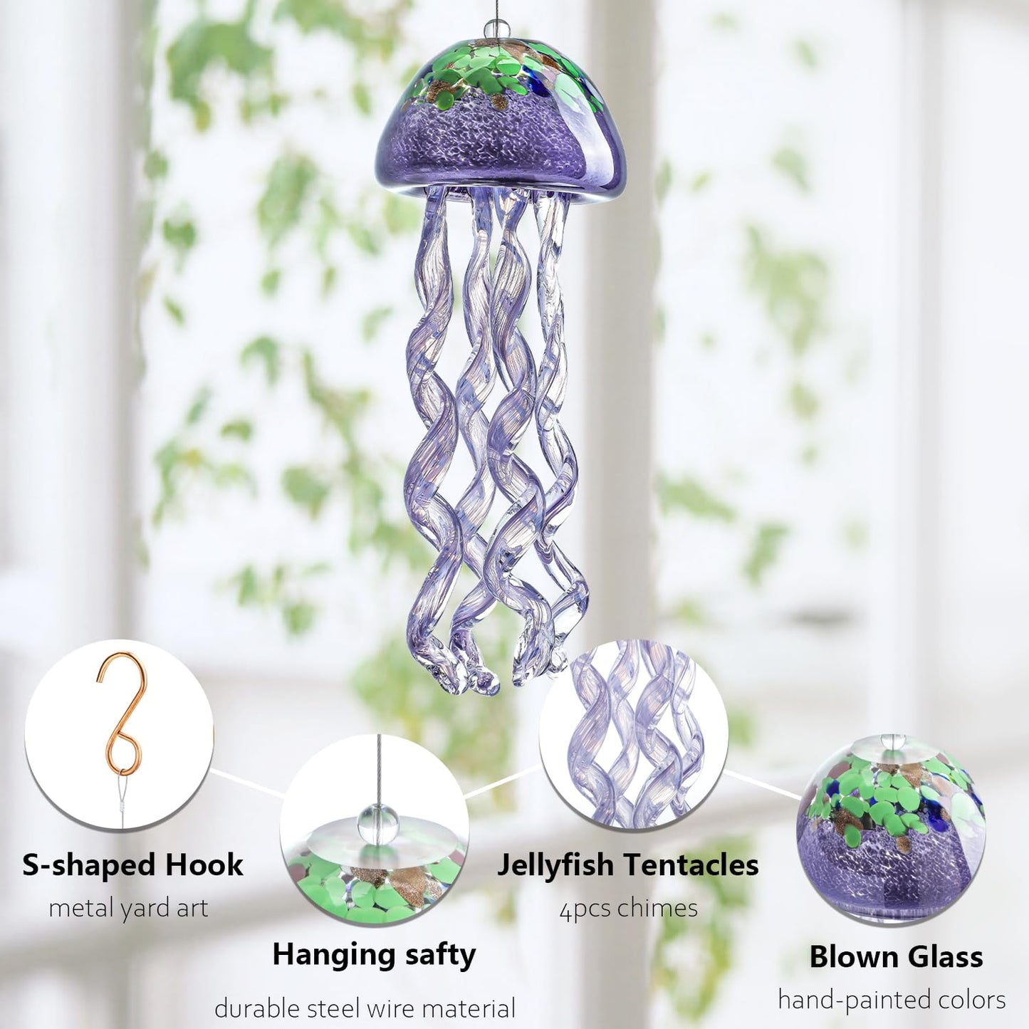 H&D HYALINE & DORA Purple Blown Glass Jellyfish Wind Chime Sea Glass Wind Chimes for Outside Jellyfish Wind Chimes Outdoor Sea Glass Decor for Patio Garden Balcony Porch(14in)