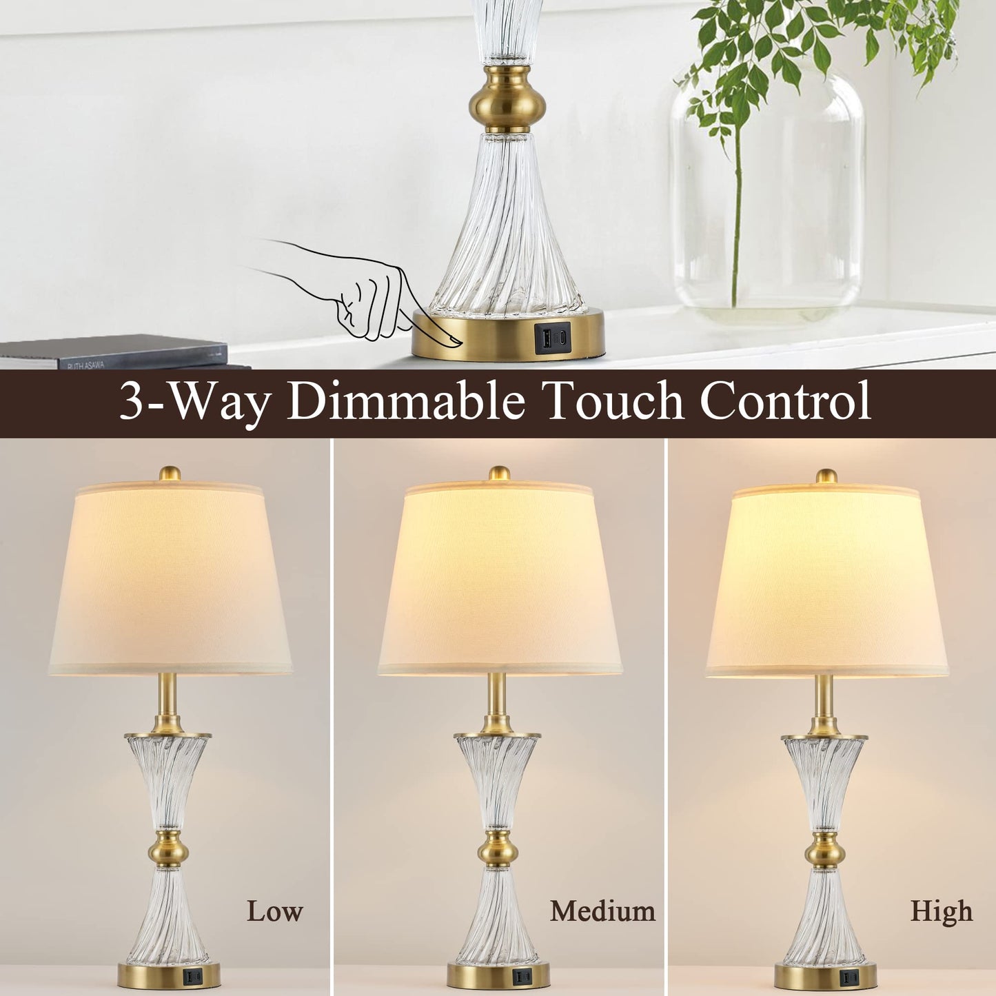 BZZMMB 27" Bedroom Lamps Set of 2, Gold Glass Touch Lamps with USB C+A Ports, 3-Way Dimmable Light Fixture for Nightstand, Modern Table Side Lighting for Living Room, 2 Bulbs Included