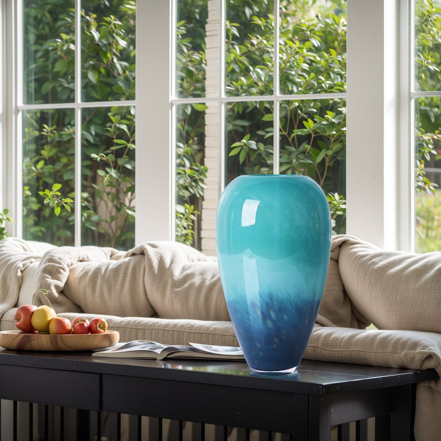 New Chinese Style Gradient Peacock Feather Glass vase (Turquoise Blue, 11 in)