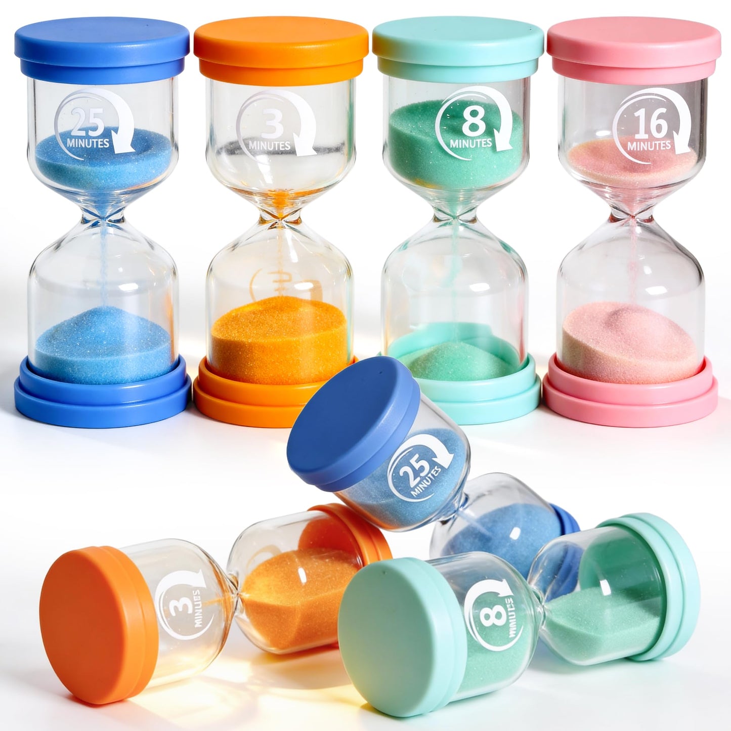 PROLOSO Sand Timers Set 4 Pcs Colorful Hourglass 3 Mins / 8 Mins / 16 Mins / 25 Mins Sandglass Glow in the Dark Sand Clock for Classroom Home Office
