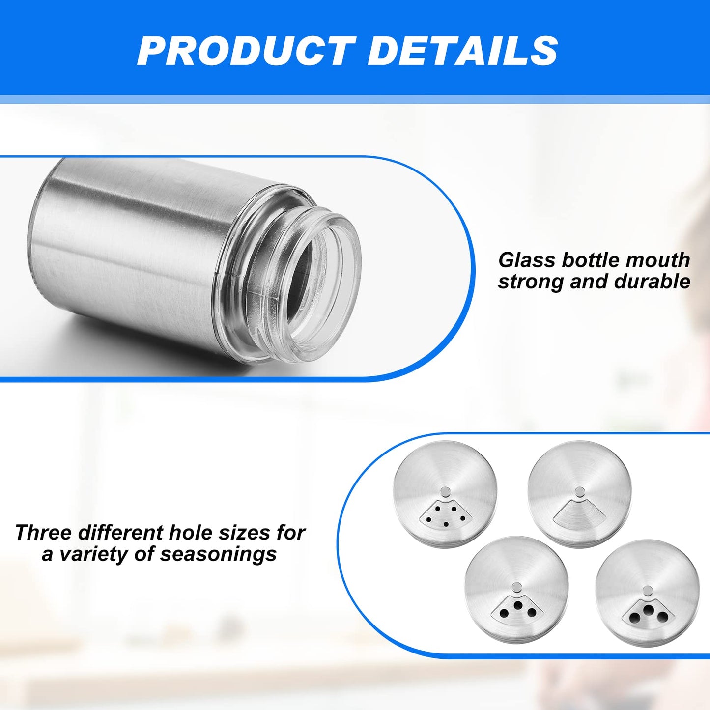 Dandat 12 Pcs Salt and Pepper Shakers Stainless Steel Spice Shakers with Adjustable Pour Holes and Glass Window 3.4oz Salt Dispenser Spice Jars with Rotating Lids for Sugar Seasoning Home