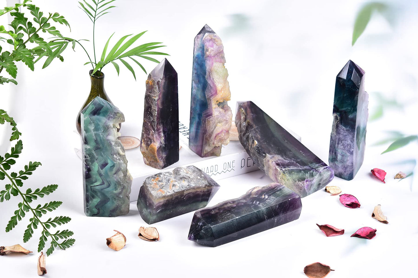 AMOYSTONE Natural Fluorite Crystal Stone Wand Obelisk Large Tower Slab Pointed Wand Block Green-Purple, Irregular Texture 1.7-2 LBS, Home Décor