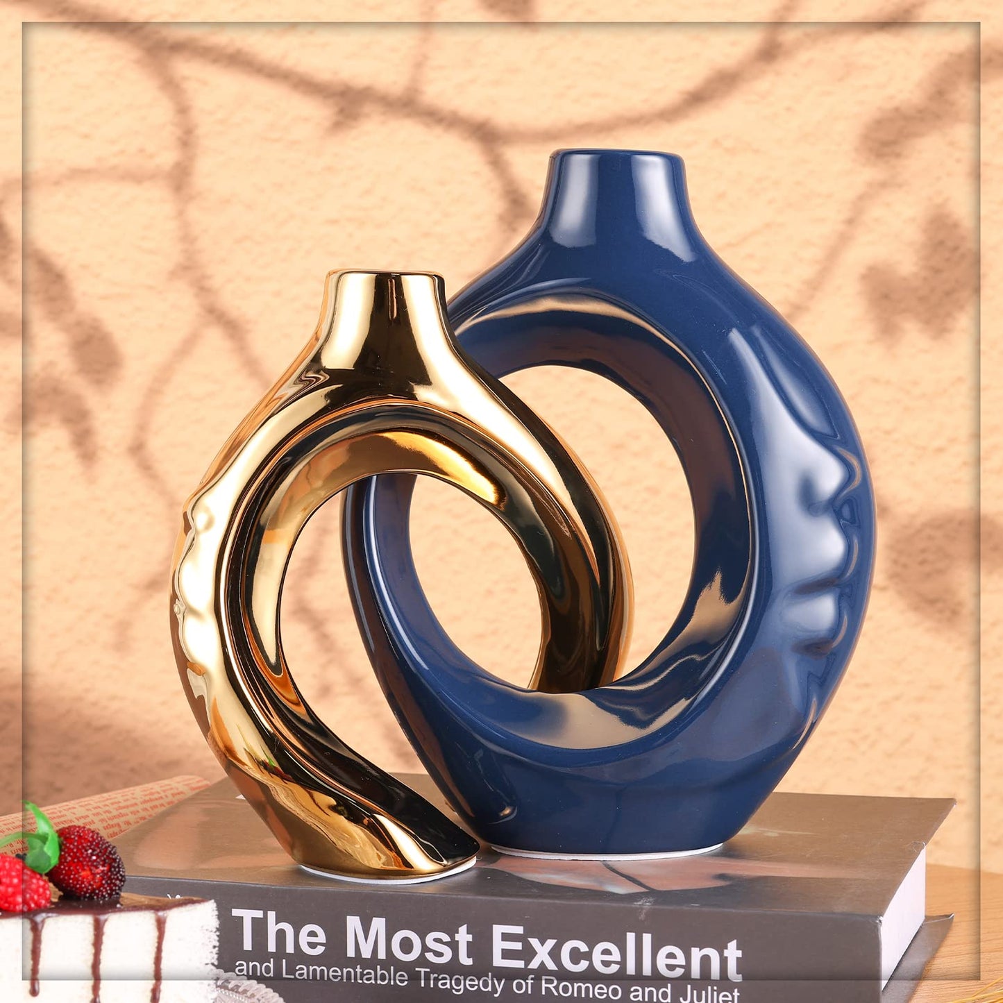 oliruim Navy Blue Home Decor Ceramic Vase, Navy Blue Gold Round Vase with Holes Set of 2, Suitable for Wedding Entrance Decoration, Bookshelf, Mantel, Unique Home Decor (Blue Gold)