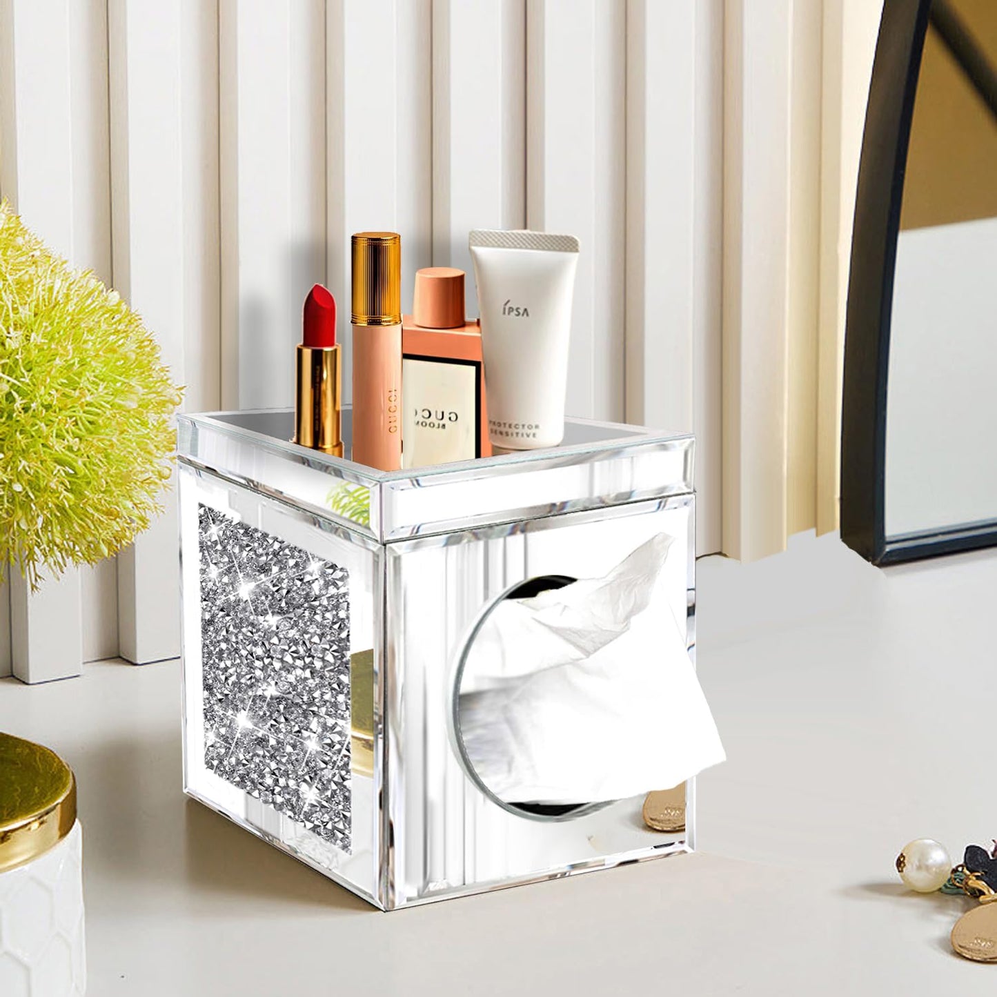 Wocred Square Tissue Box Cover Upgrades with Storage Tray,Crystal Crushed Diamond Tissue Box, Luxury Tissue Holders for Either Tissues in a Bathroom or Napkins on a Table.(6.5”x5.5”x5.5”)