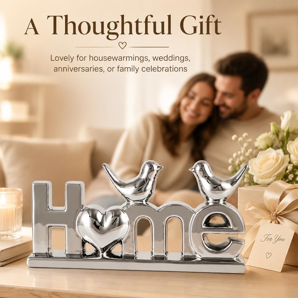 Ceramic LOVE Letter Decor with Bird Statues,Modern Silver Sculpture Optimized for TV Stand & Floating Shelf,Sophisticated Tabletop Ornament,Romantic Anniversary & Wedding Gift for Couples (Silver)