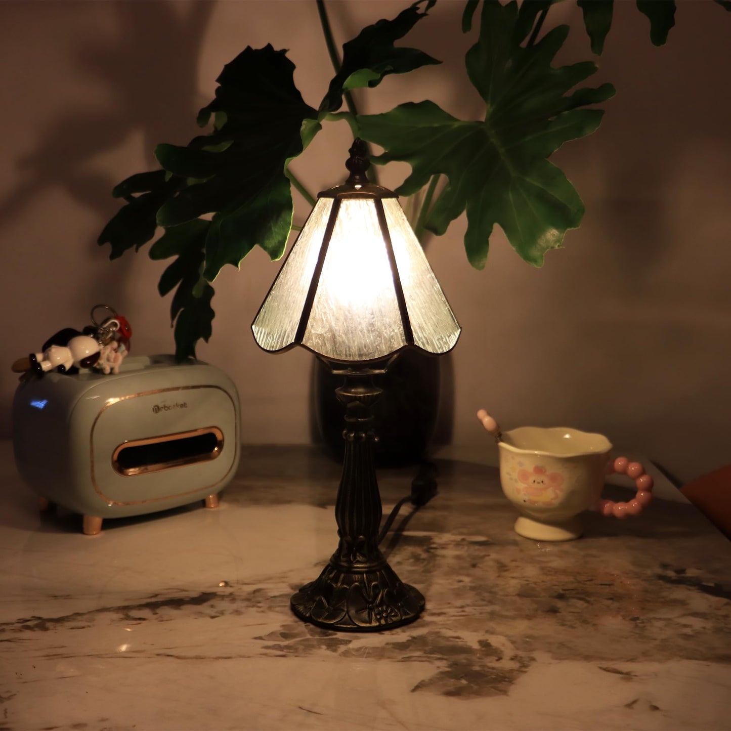 MQYXH Small Tiffany Style Table Lamp White Bark Stained Glass Lamp 14 Inch