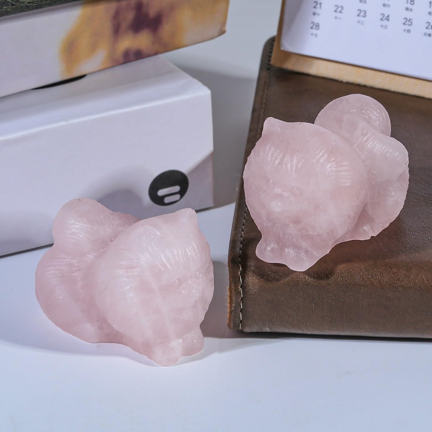 SUNYIK Carved Crystal Cat Statue Polished Stone Animal Kitten Figurine Sculpture Home Office Decor for Desktop Meditation, Rose Quartz