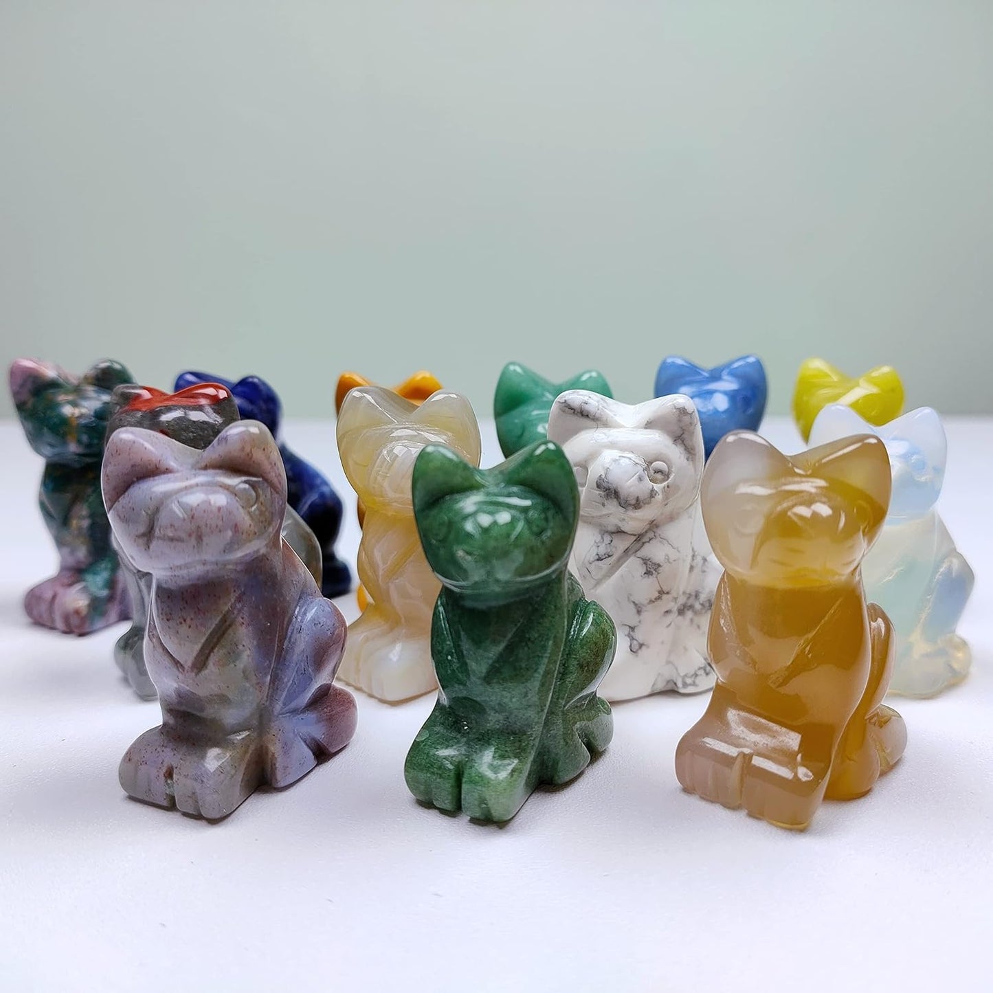 WHAL&YUNE Mix 12Pcs Gemstone Cat Statue Figurine Collectible, 1.5 Inch Crystal Sitting Cat Statues Fengshui Decor, Natural Hand Carved Animal Stone Sculpture for Gifts, Home Decoration