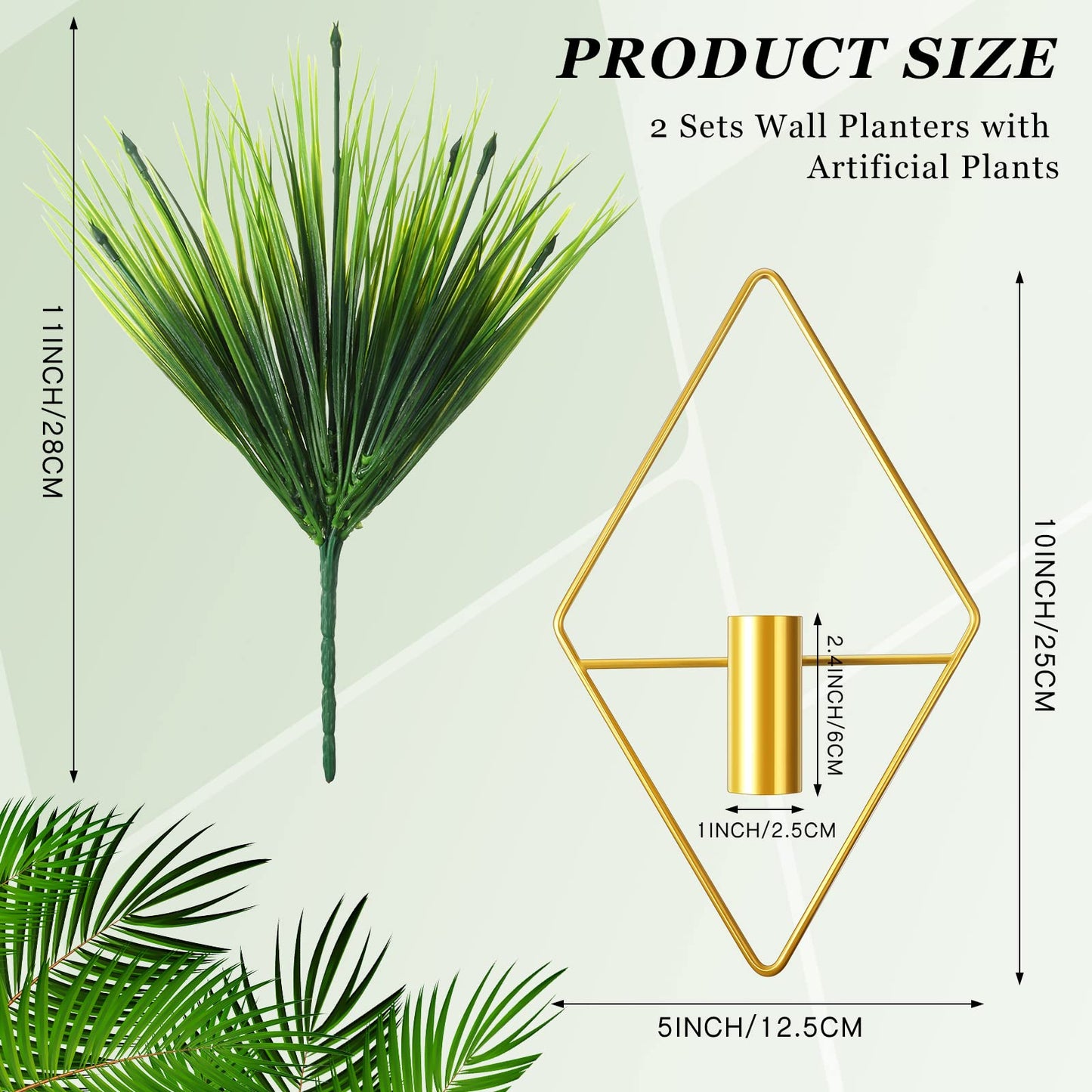 Canlierr 2 Pieces Gold Wall Decor Hanging Planters with Artificial Plants Metal Vase Indoor Plants Holder Modern Geometric Wall Art for Home Bathroom Bedroom Living Room Office(Aquatic Plant,Small)