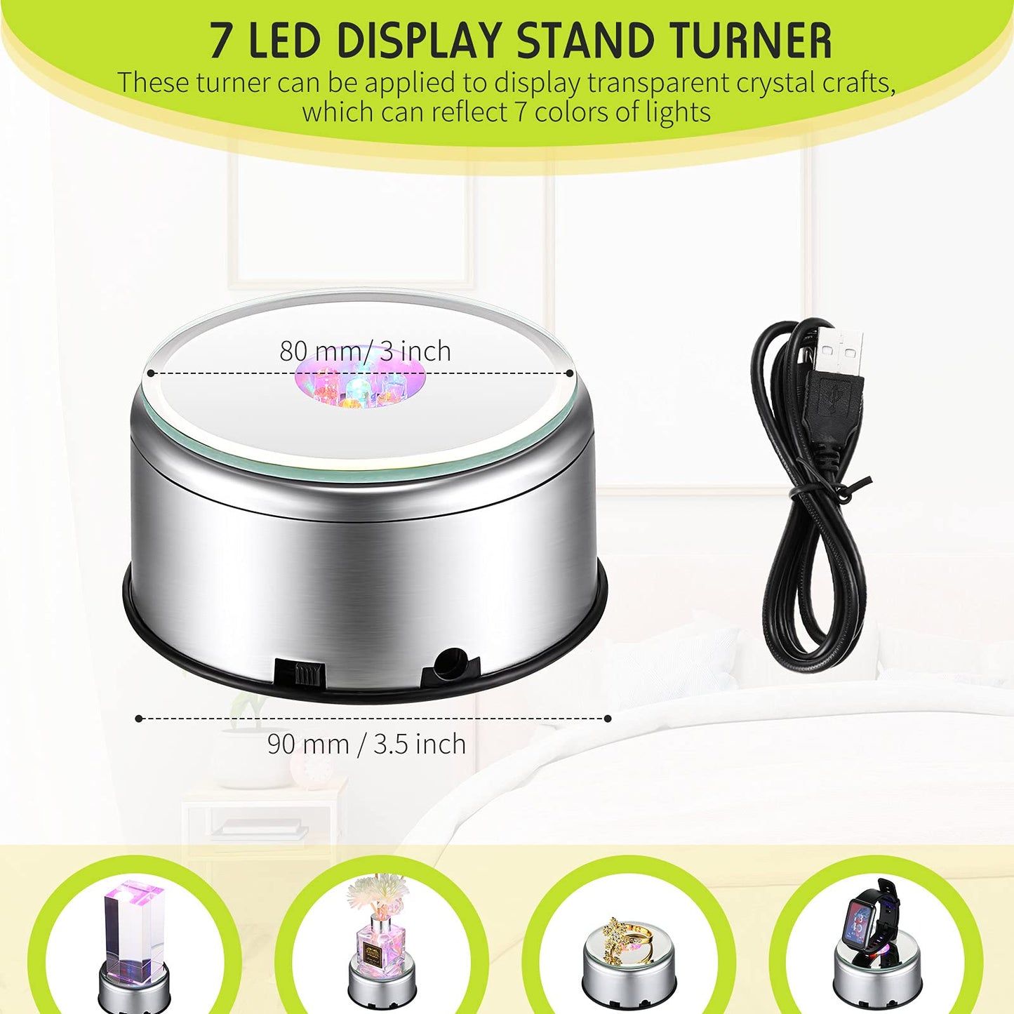 Jetec 4 Pcs 7 LED Light Base Rotating Display Stand Turner Colorful Rotating Crystal Display Base 360 Degree Display Spinner with USB Cable for Glass Art Crystals Jewelry Craft