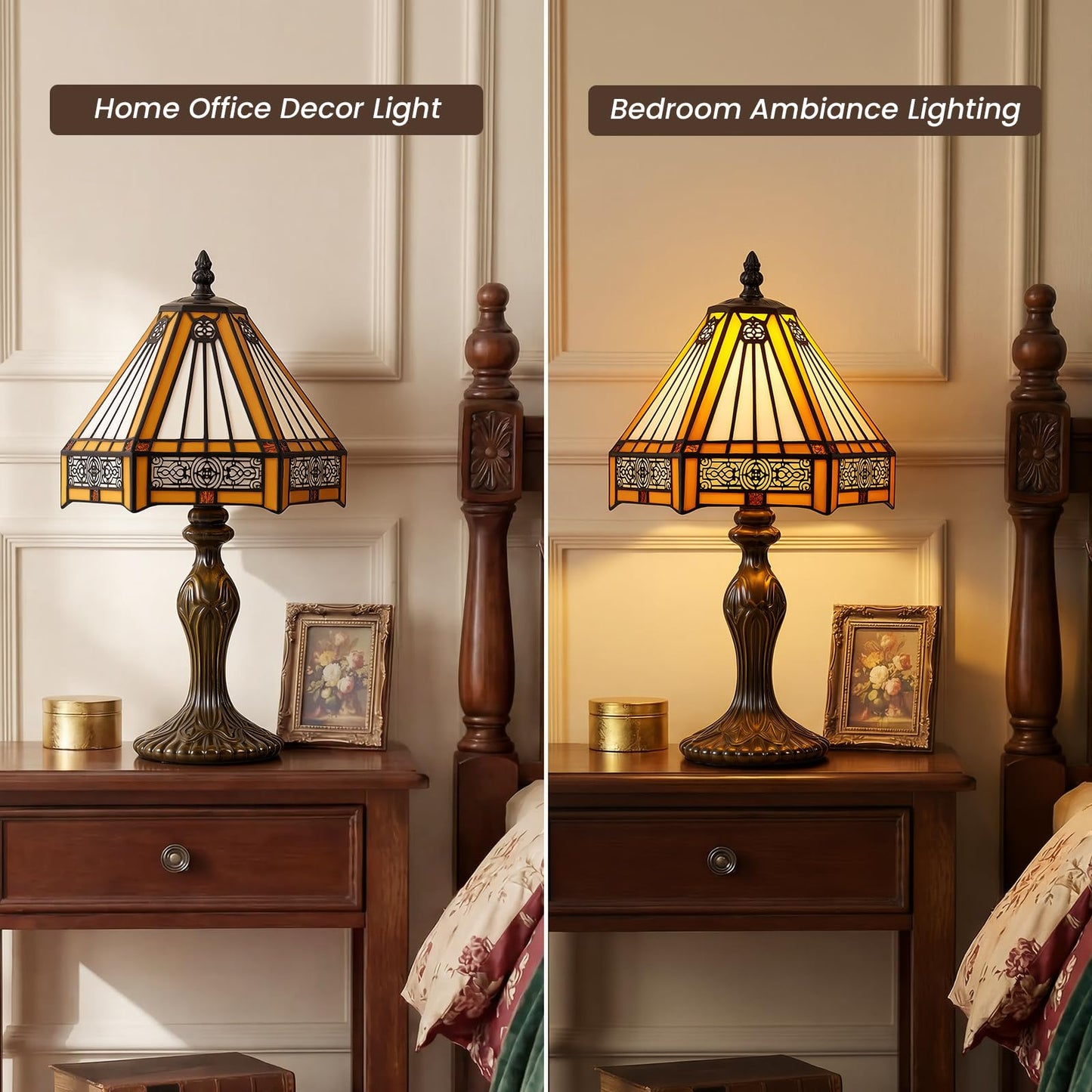 Drqvonth Tiffany Table Lamp, 8" W x 14.3" H Amber Stained Glass Desk Lamp