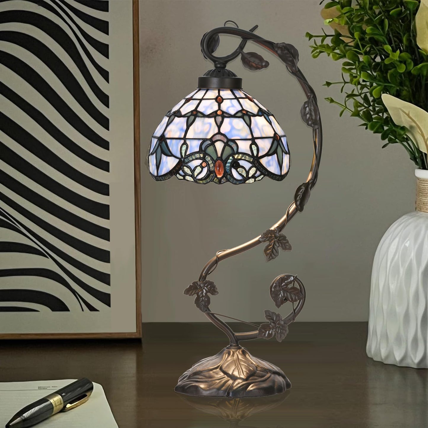HomeBeauty TL0025 Tiffany Style Baroque Table Lamp-Stained Glass & Vine - Design for Bedroom Living Room, W 10 X H 20.5 Inches Overall, LED Bulb Included (Baroque)