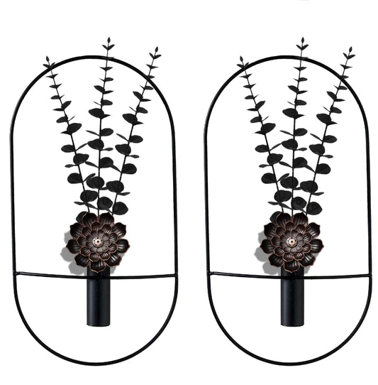 M-dazzling 2 Black Metal Flowers Plants Decor, Boho Wall Art, Hanging Artificial Plants Display for Living Room, Bedroom, Bathroom, Dining Room, Wall-Mounted Decor