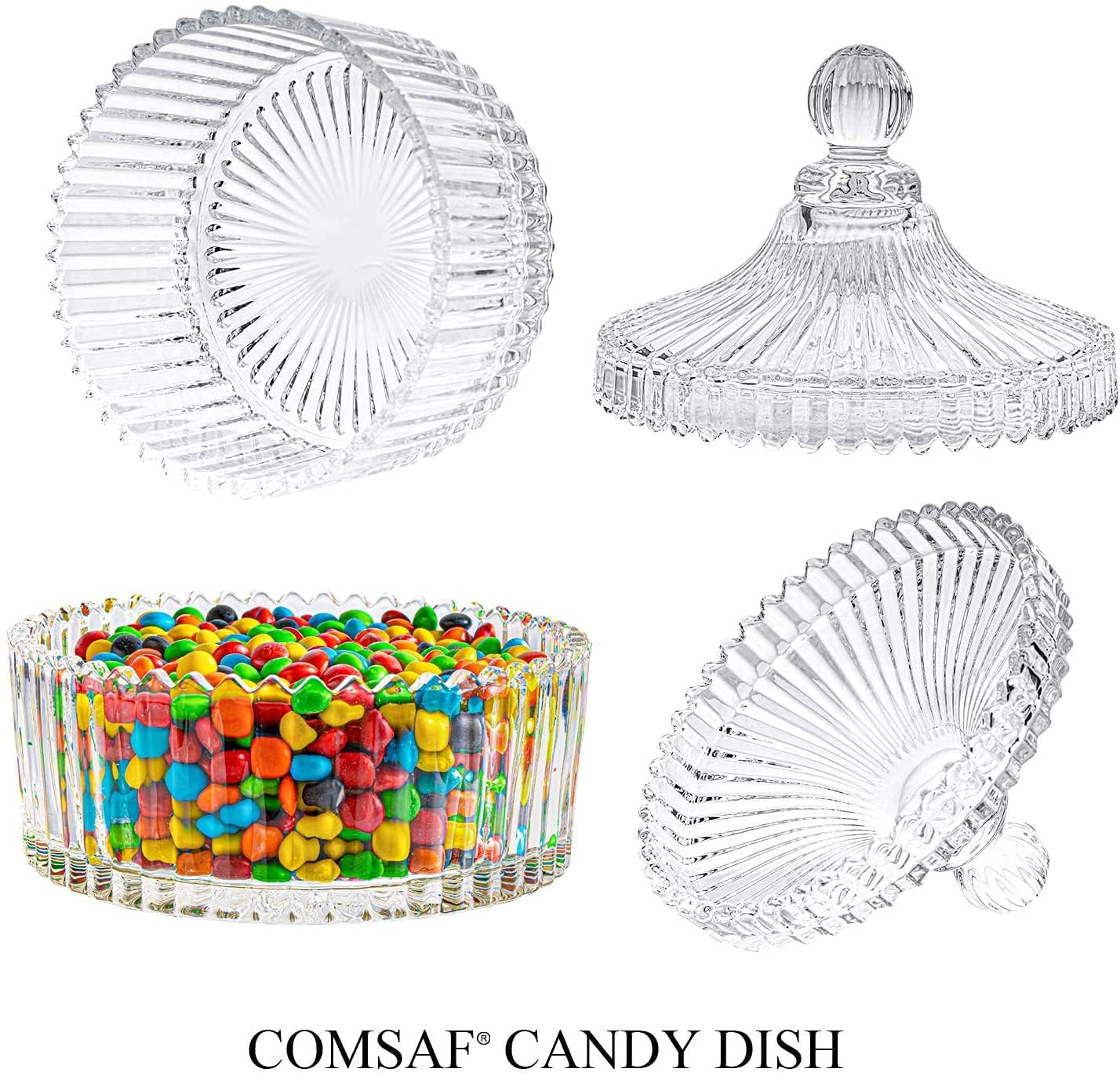 FTOF Glass Candy Storage Box Clear Sugar Dish With Lid Crystal Covered Candy Bowl Apothecary Food Buffet Container Holder