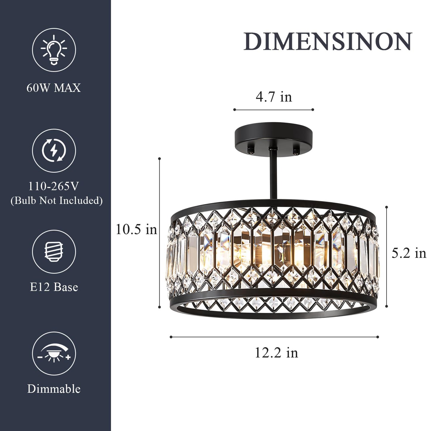 Pevfah Crystal Black Ceiling Light, Modern Semi Flush Mount Ceiling Lighting Fixture, Round Hallway Lighting Fixtures Chandelier for Kitchen Entryway Bedroom Dining Room, 3-Light, 12.2 Inch