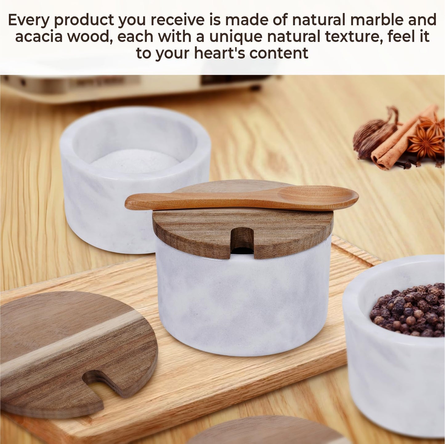 ZENTORIQ A salt cellar with a wooden lid and spoon,Elegant Kitchen Salt Container for Storage Pepper Spice Bath Salt Sea Salt