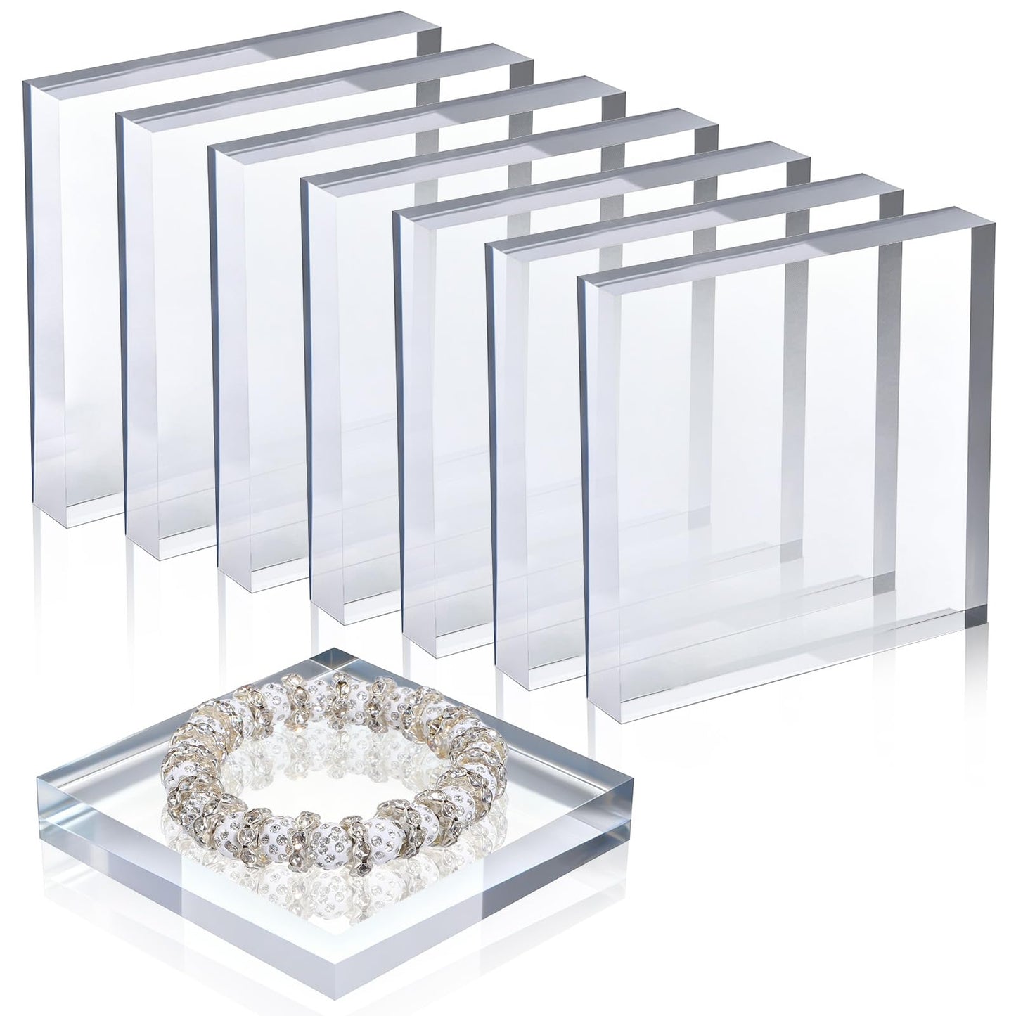 Meyeyaia 8pcs Acrylic Blocks for Display, 4 x 4 x 1 Inch Clear Polished Acrylic Cube Risers, Square Jewelry Display Stand Base for Rings Armband Jewelry