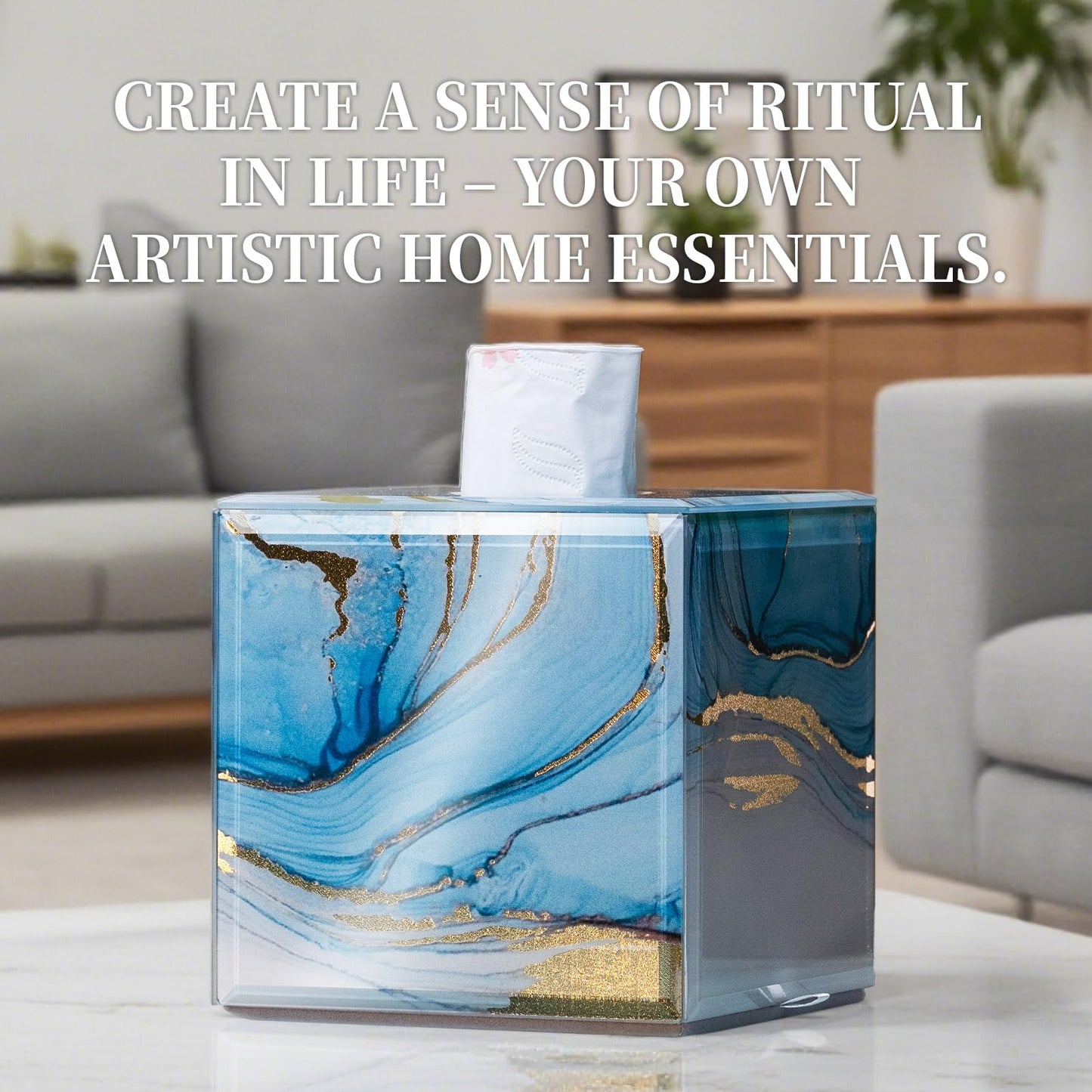 Timetrace Glass Tissue Box Cover Square-Marble Pattern Decorative Tissue Holder with Velvet Lining for Home Decor, Bedroom, Kitchen, Office (Blue & Gold)