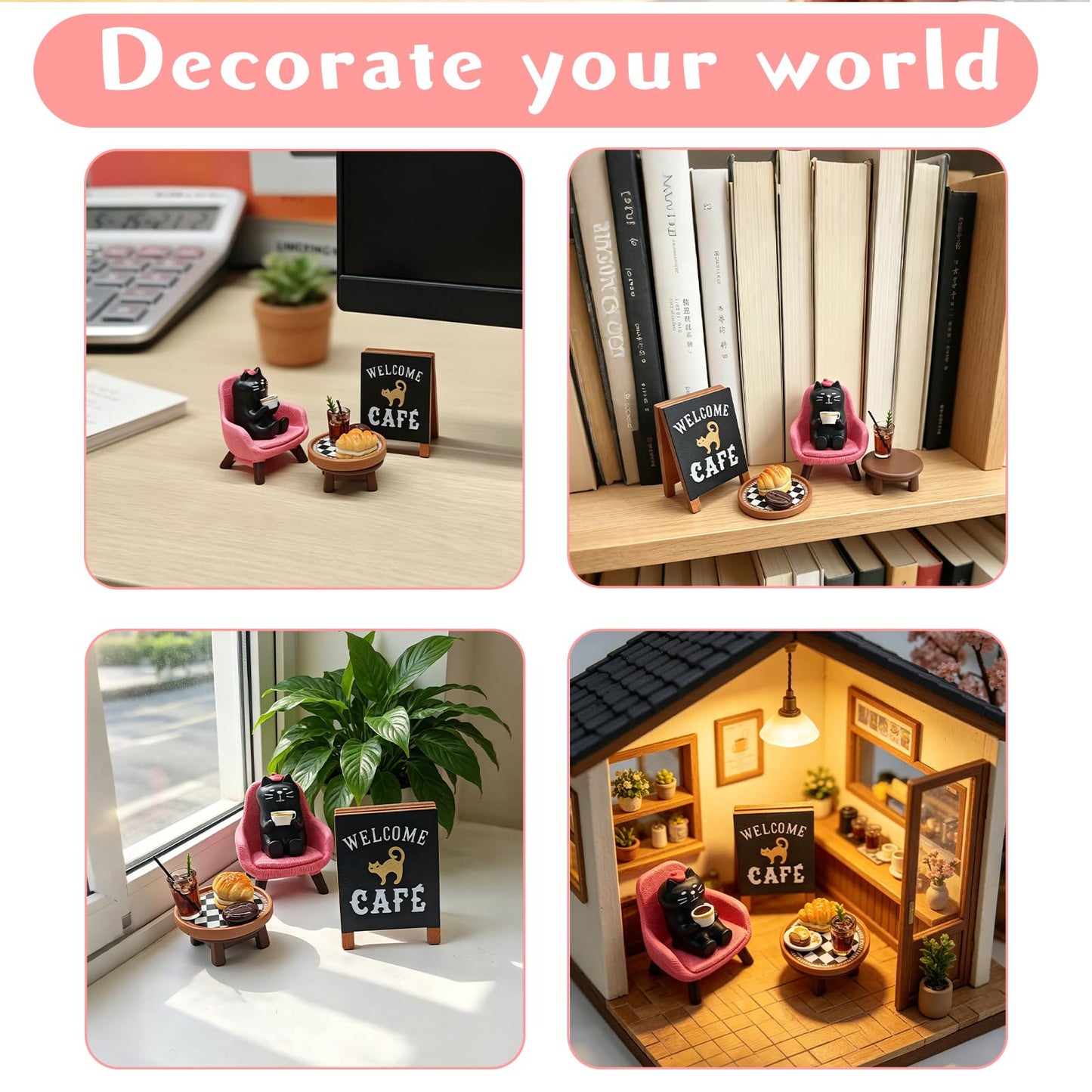 ChilArt 8pcs Resin Cat Office Decor,Cat Figures for Desk,Miniature Afternoon Tea Cat Figurines Set,Cute Coffee-Themed Desk Accessories,Cute Cats Gift for Cats Lovers