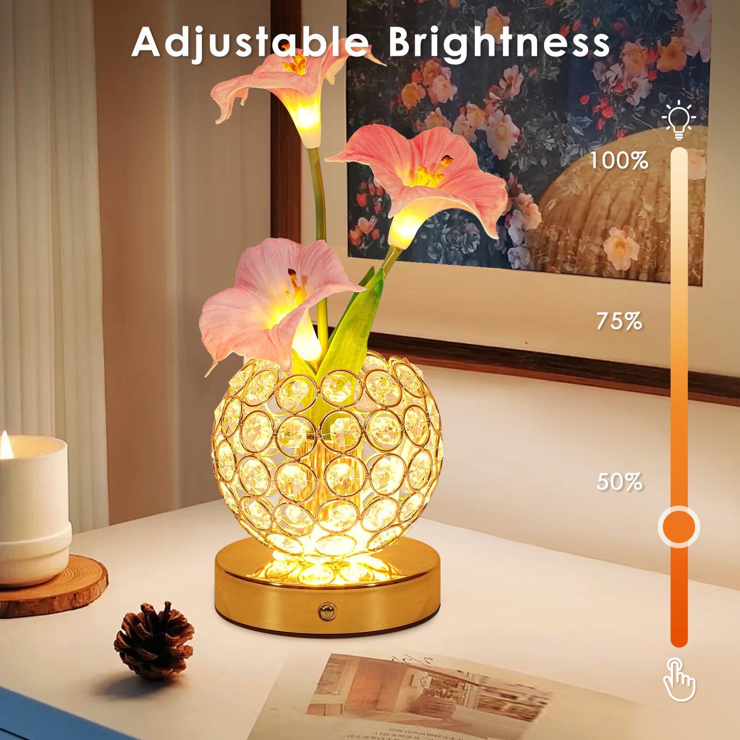 Lazzgan Pink Morning Glory Flowers Table Lamp, Rechargeable Cordless Touch Artificial Flower Crystal Lamp, Kitchen Bedroom Office Decor House Night Light, Birthday Gifts for Women Mom