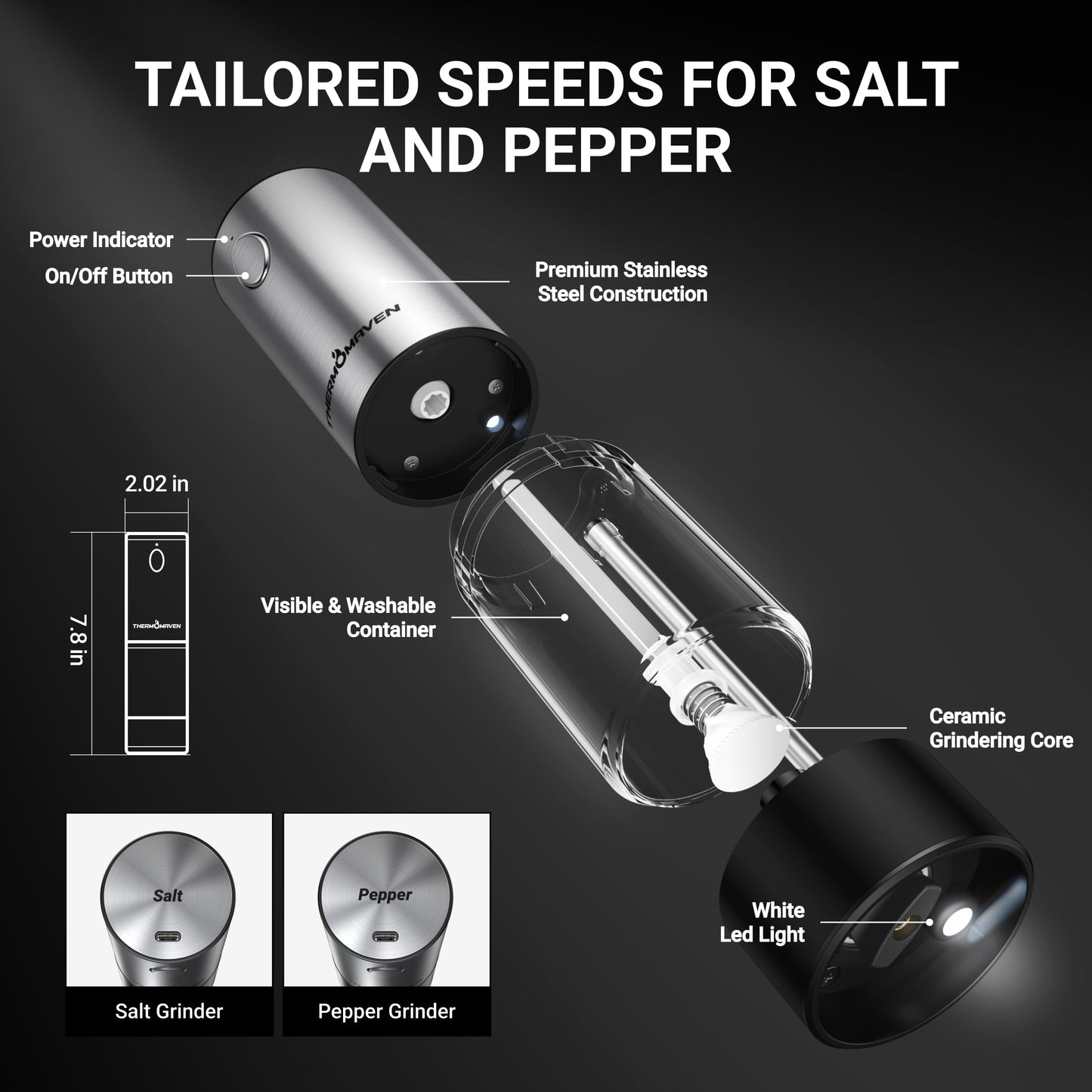 ThermoMaven Upgraded Larger Capacity Electric Salt and Pepper Grinder Set, 110ml Rechargeable Salt and Pepper Shaker with LED Light, 6 Adjustable Coarseness, Stainless Steel, Black & Silver