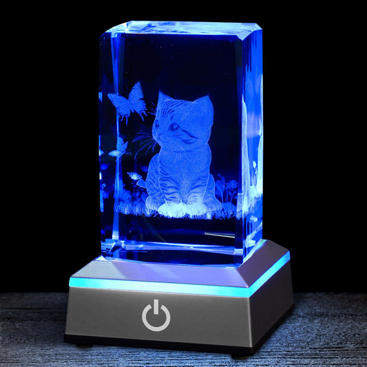 Eicxjui 3D Crystal Night Light with Multicolor LED Base Glass Laser Engraved Cat Figurine Gift for Women Cat Lovers Birthday Christmas Room Decor