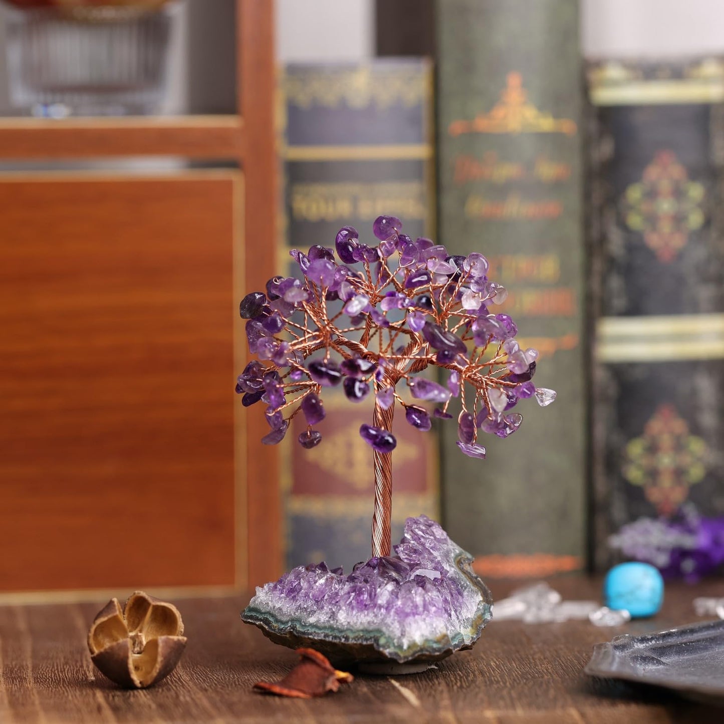 SUNYIK Natural Amethyst Crystal Tree on Amethyst Crystal Cluster Base Wire Wrapped Chip Stones Bonsai Money Tree Home Office Decor for Good Luck Wealth