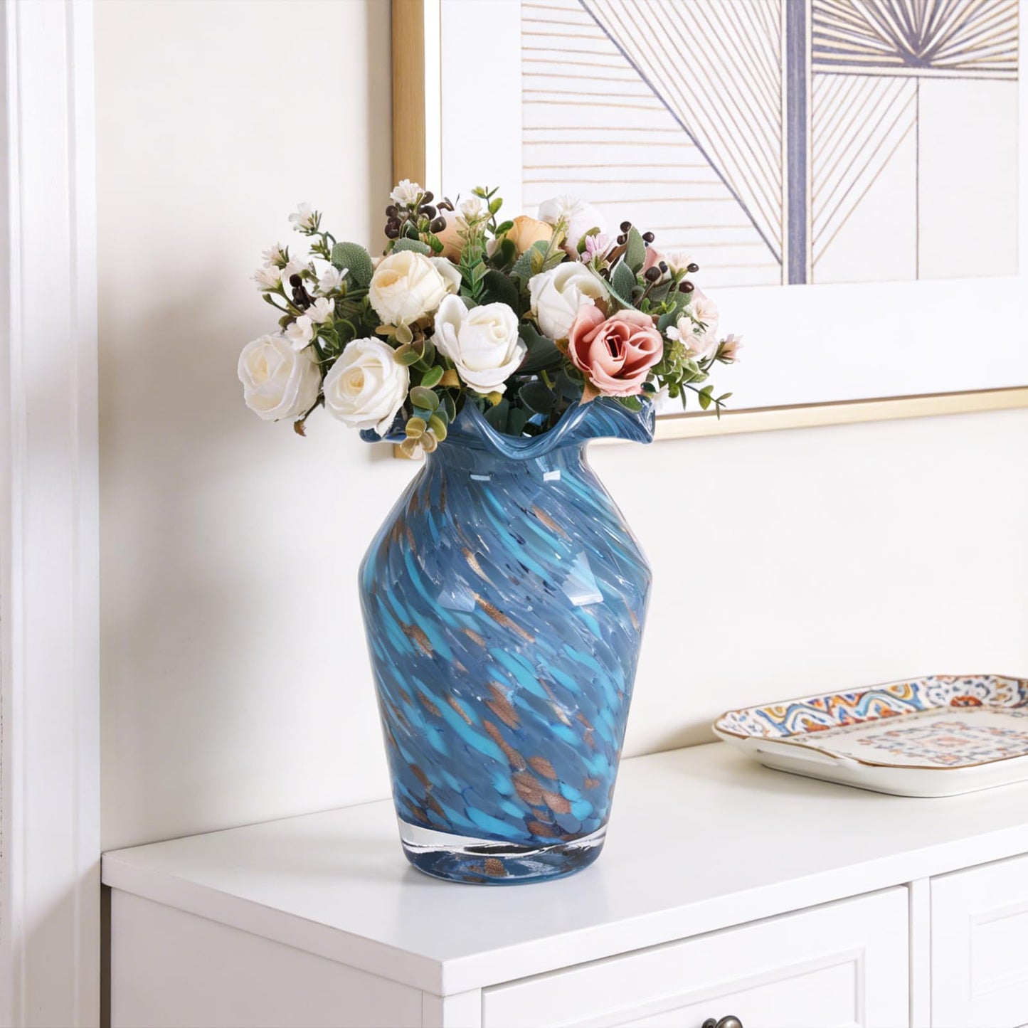 11in Blue Hand Blown Large Glass Vase - High-Waisted Rhombus Ruffle | Vases Home Decor, Blown Glass Centerpiece for Dining Room Table, Decorative Glass Flower Vase for Living Room Wedding (S)
