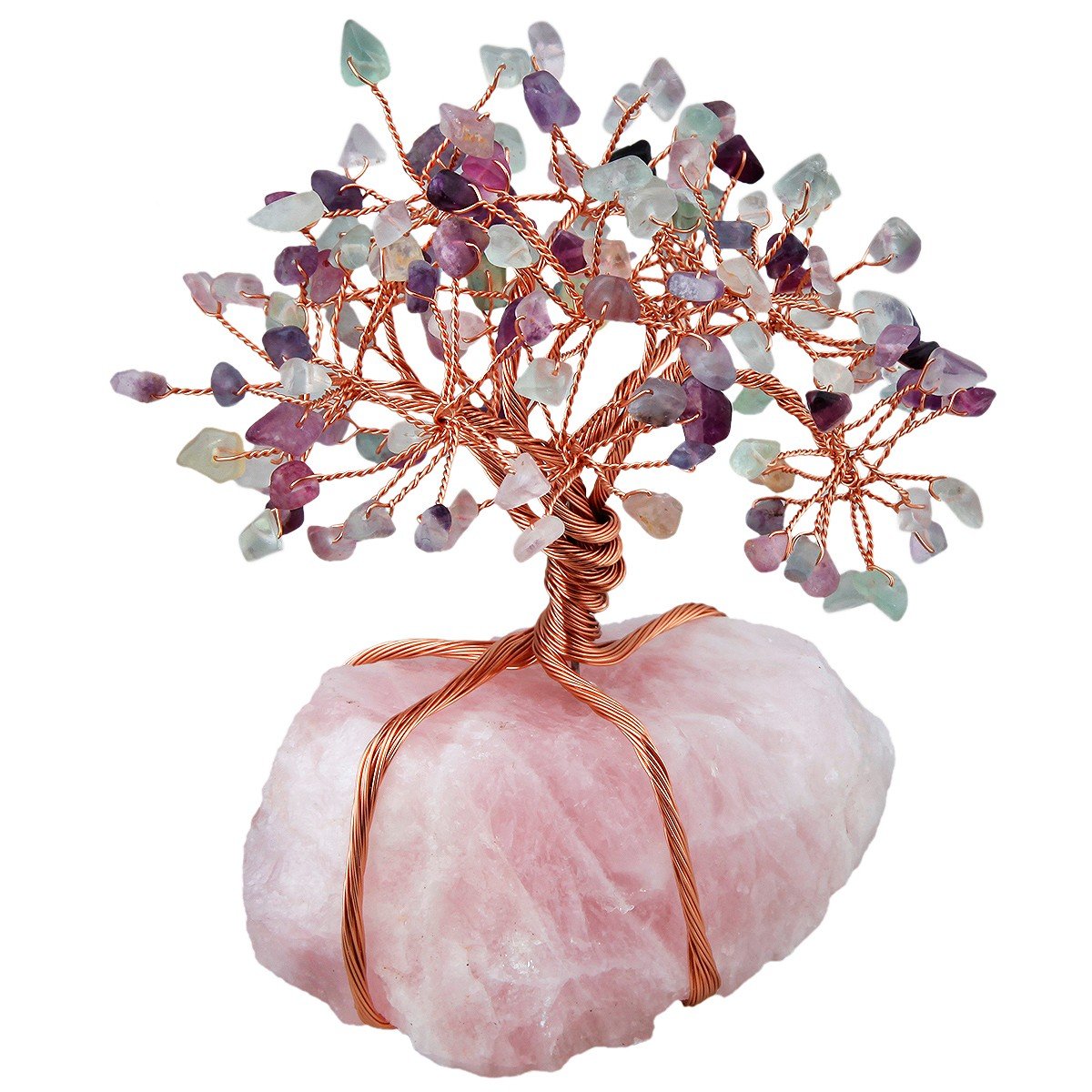 SUNYIK Natural Rainbow Fluorite Money Tree Wrapped on Rose Quartz Cluster Base Bonsai Sculpture Figurine 3.5 Inches